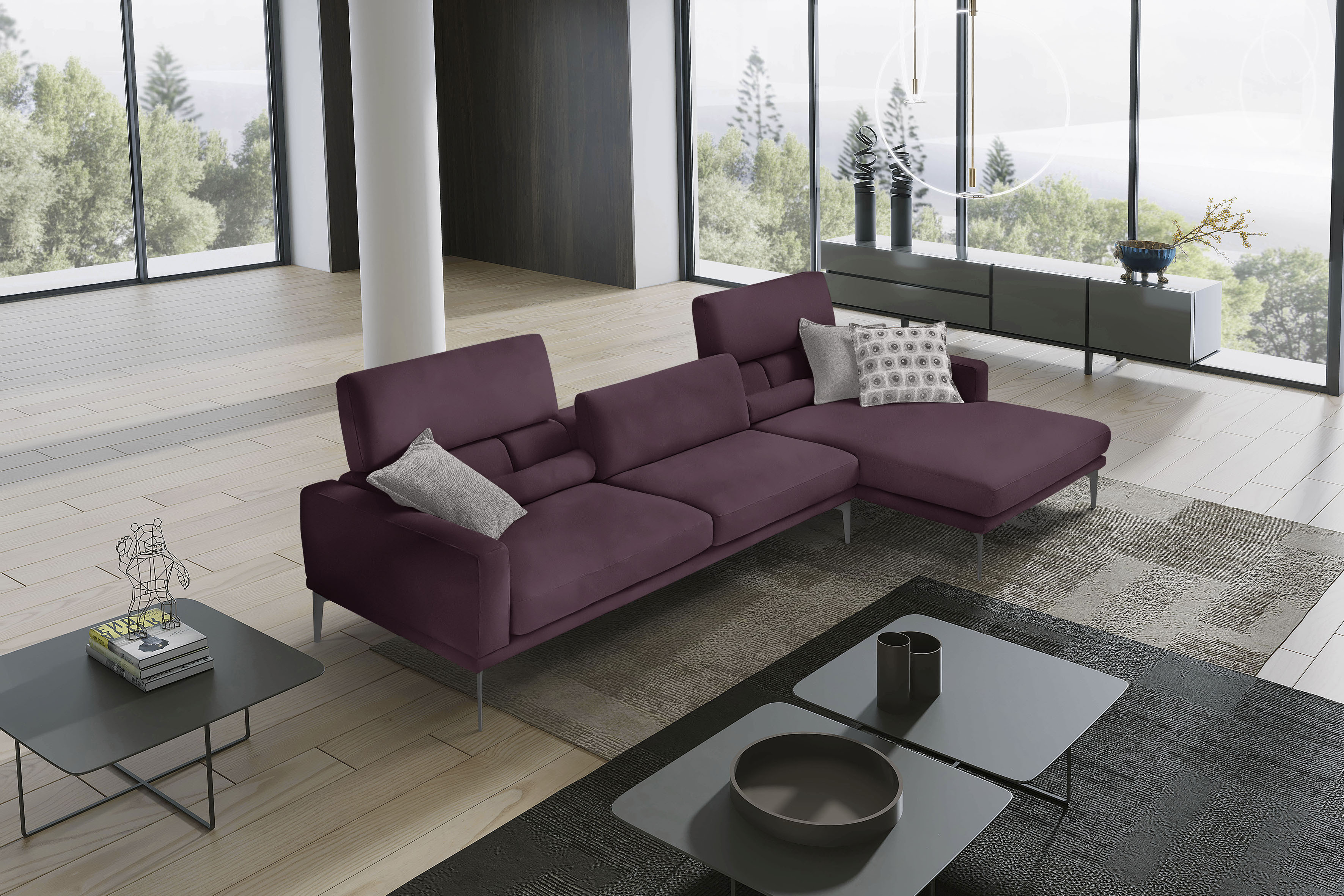 Egoitaliano Ecksofa "Masu, Design trifft sensationellen Sitzkomfort, Breite 277cm, L-Form" inkl. 2 Kissenrollen, Rückenelemente manuell verstellbar, Metallfüße