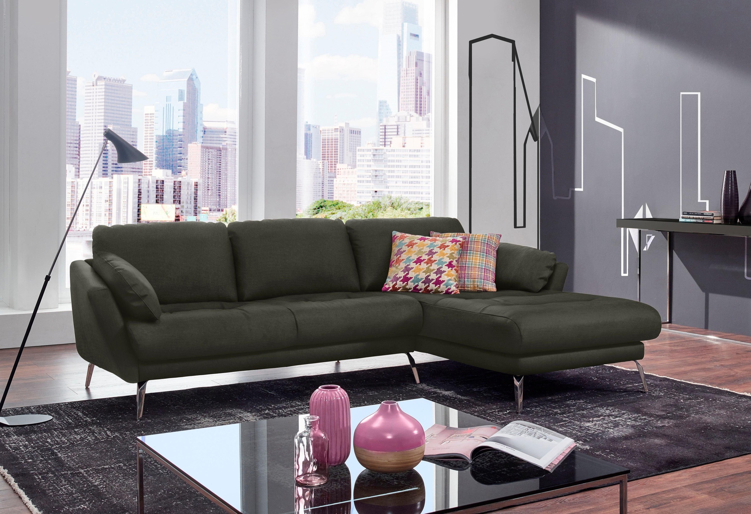 W.SCHILLIG Ecksofa »softy, Designsofa, zeitlos und elegant, hoher Sitzkomfort, L-Form«, mit dekorativer Heftung im Sitz, Füße Chrom glänzend