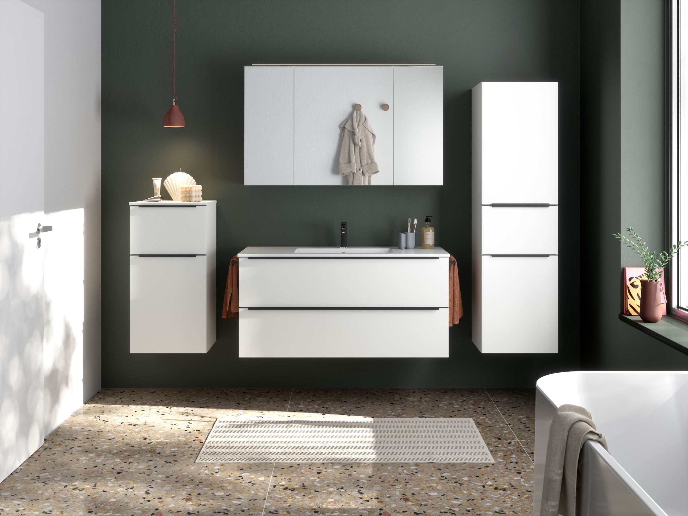nobilia® Badmöbel-Set »Levere«, (4 St., vormontiert, mit Soft-Close), inkl. Spiegelschrank mit Beleuchtung und Dimmerfunktion, in 4 Breiten