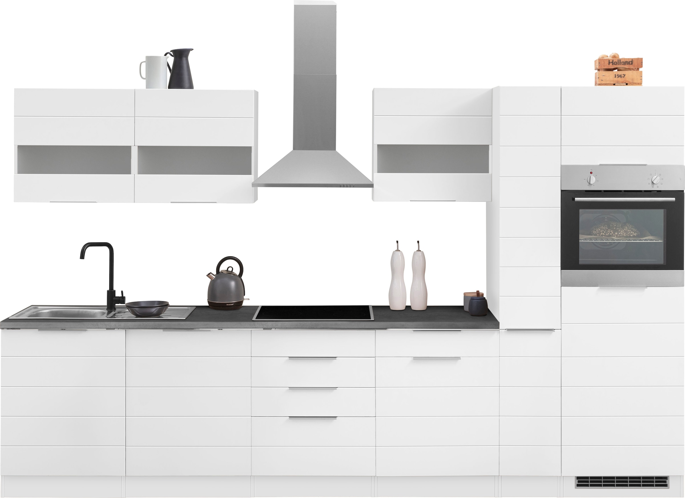 KOCHSTATION "KS-Luhe" 330 cm breit, wahlweise mit oder ohne E-Geräten, gefräste MDF-Fronten