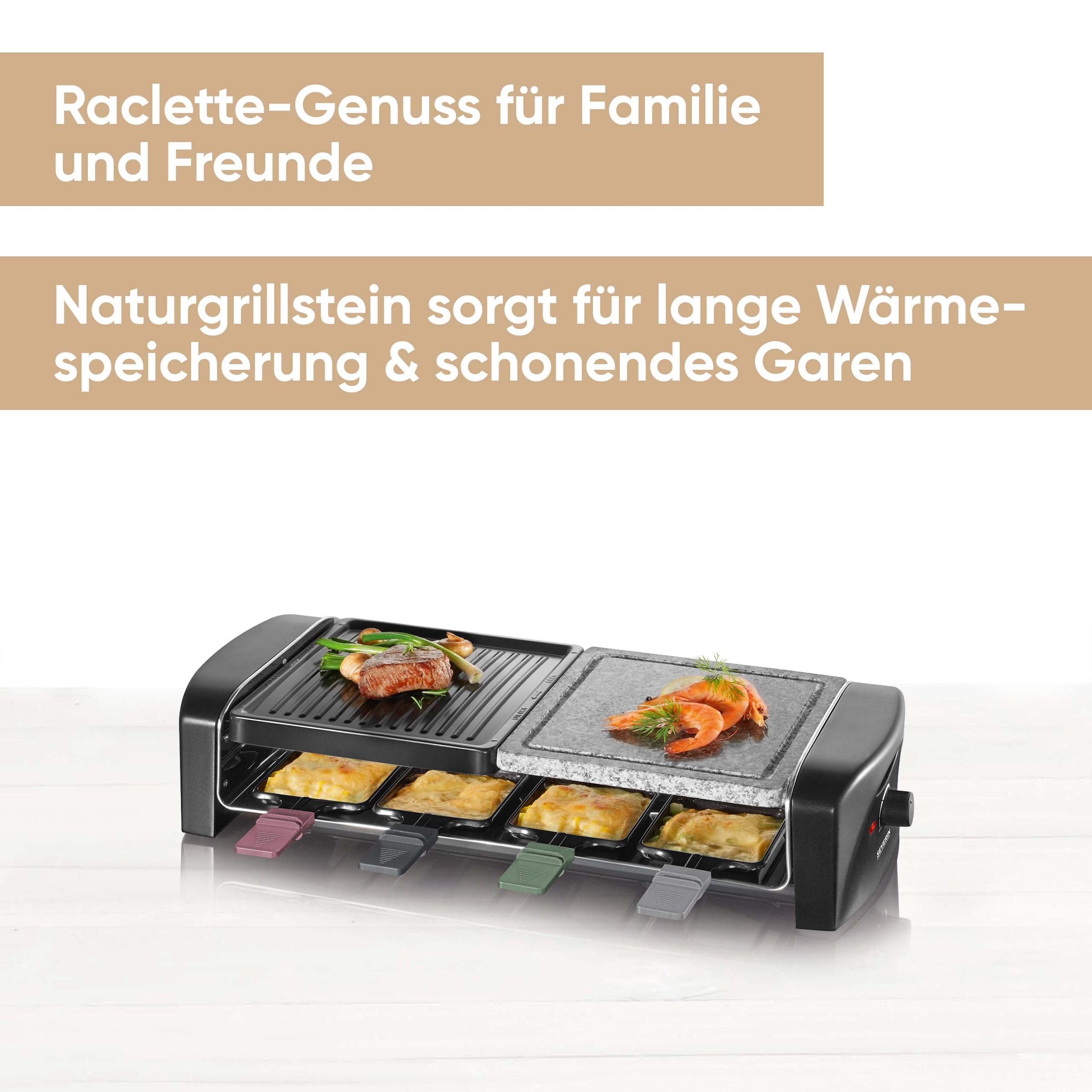 Severin Raclette »RG 9645« 8 Stk. Raclettepfännchen 1.400 W Naturgrillstein & antihaftbeschichtete Grillplatte, 8 Personen, 1400W
