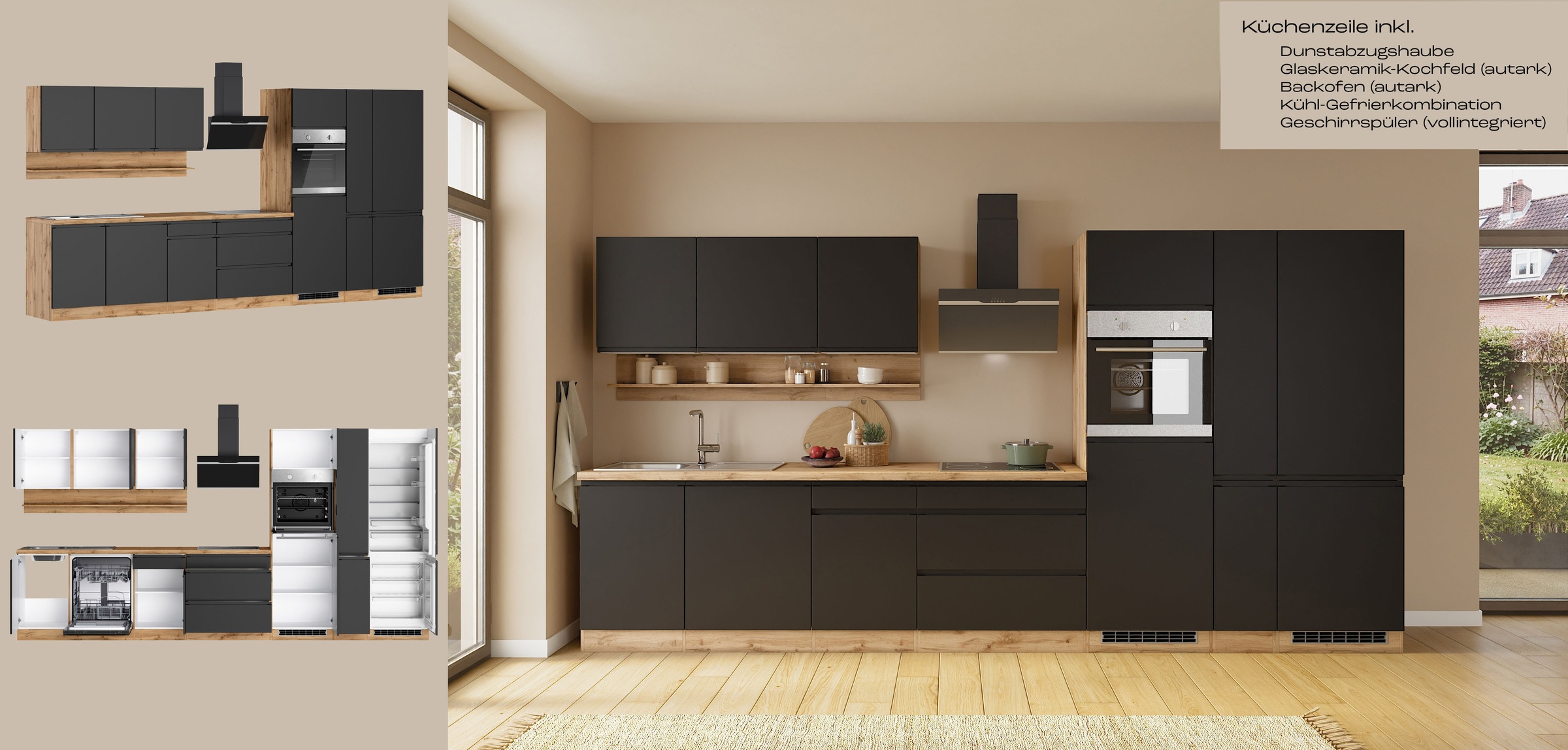 KOCHSTATION Küchenzeile »KS-Virginia,neu in verbesserter Ausführung« Arbeitsplatte 38 mm stark, Stauraum, Softclose,  Breite 390 cm, Soft-Close, mit Glaskeramik-oder Induktionskochfeld