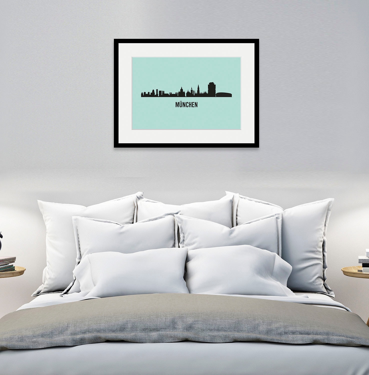queence Bild "München Skyline" Deutschland Gebäude München Schriftzug Stadt Städte 1 Stk. tlg. HD Premium Poster-Druck inkl. Holzrahmen