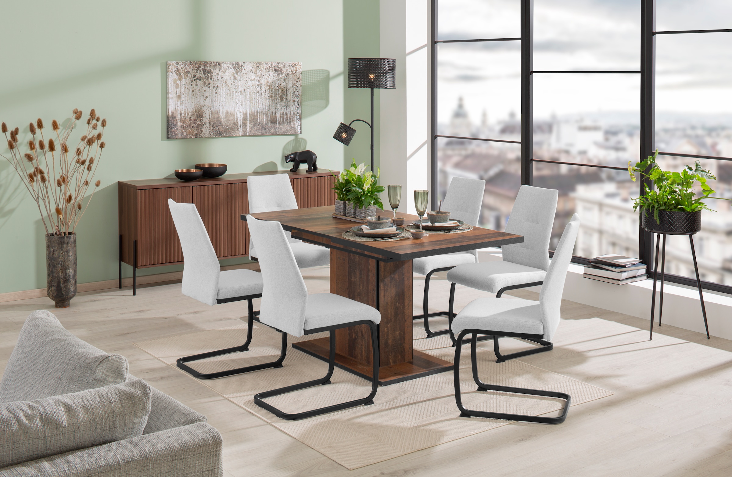 / HELA Tisch 7 Essgruppe oder 120 cm, 6 1 Webstoff | BAUR -160 »Ariana«, ausziehbar Stühle), waterfree kaufen (Set, Bezug Struktur tlg.,