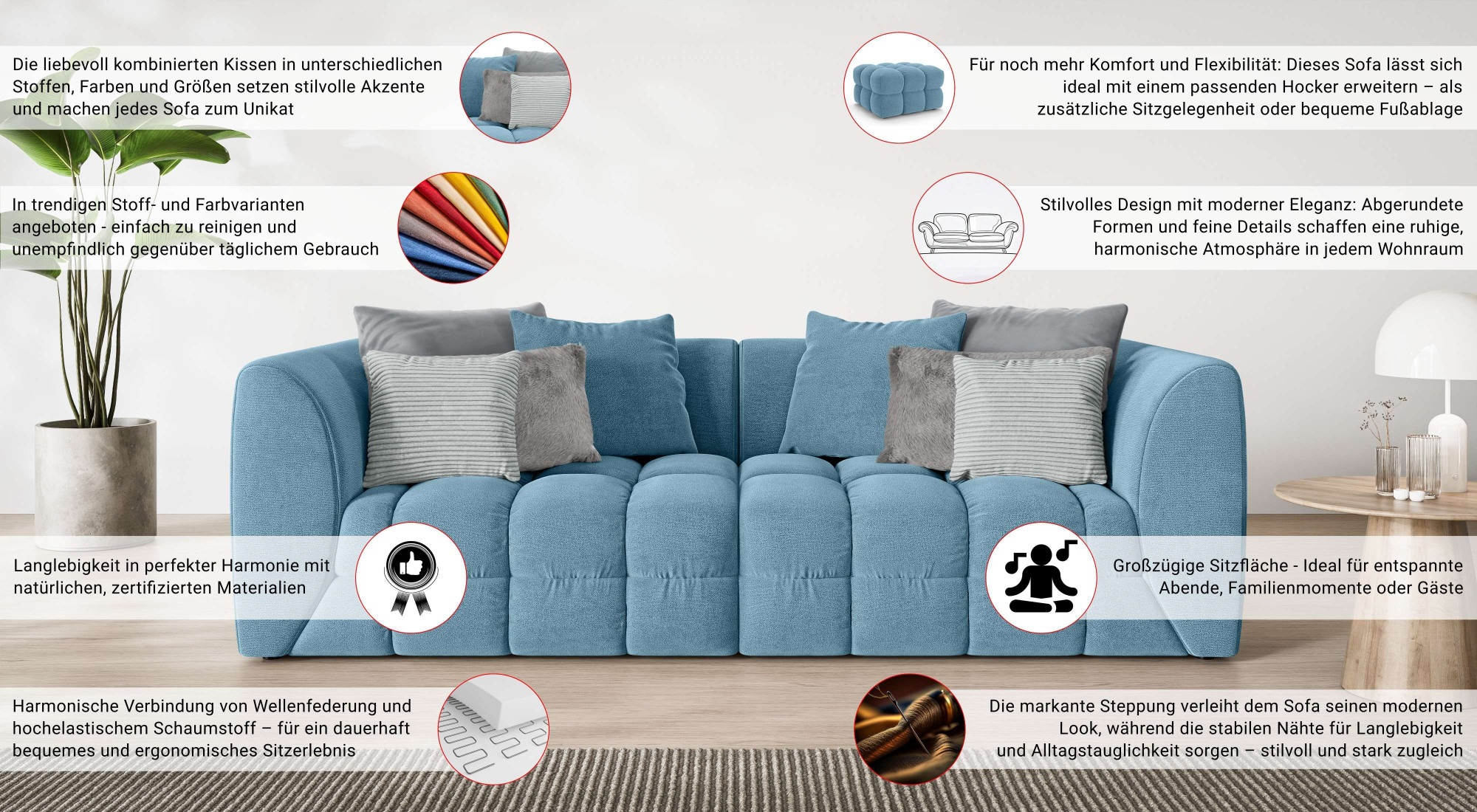 s.Oliver Big-Sofa »COBBO 3-Sitzer Design-Sofa Bubble-Optik, Maße B/T/H: 259/126/104 cm«, mit vielen Kissen, moderne Steppung und hoher Sitzkomfort