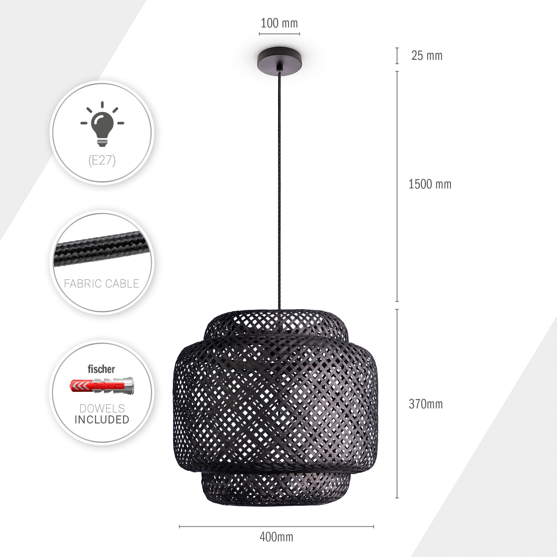 Paco Home Pendelleuchte »KORVI«, Leuchtmittel E27 | ohne Leuchtmittel, Korblampen Pendelleuchte Holz Boho Natur Wohnzimmer Esszimmerlampe
