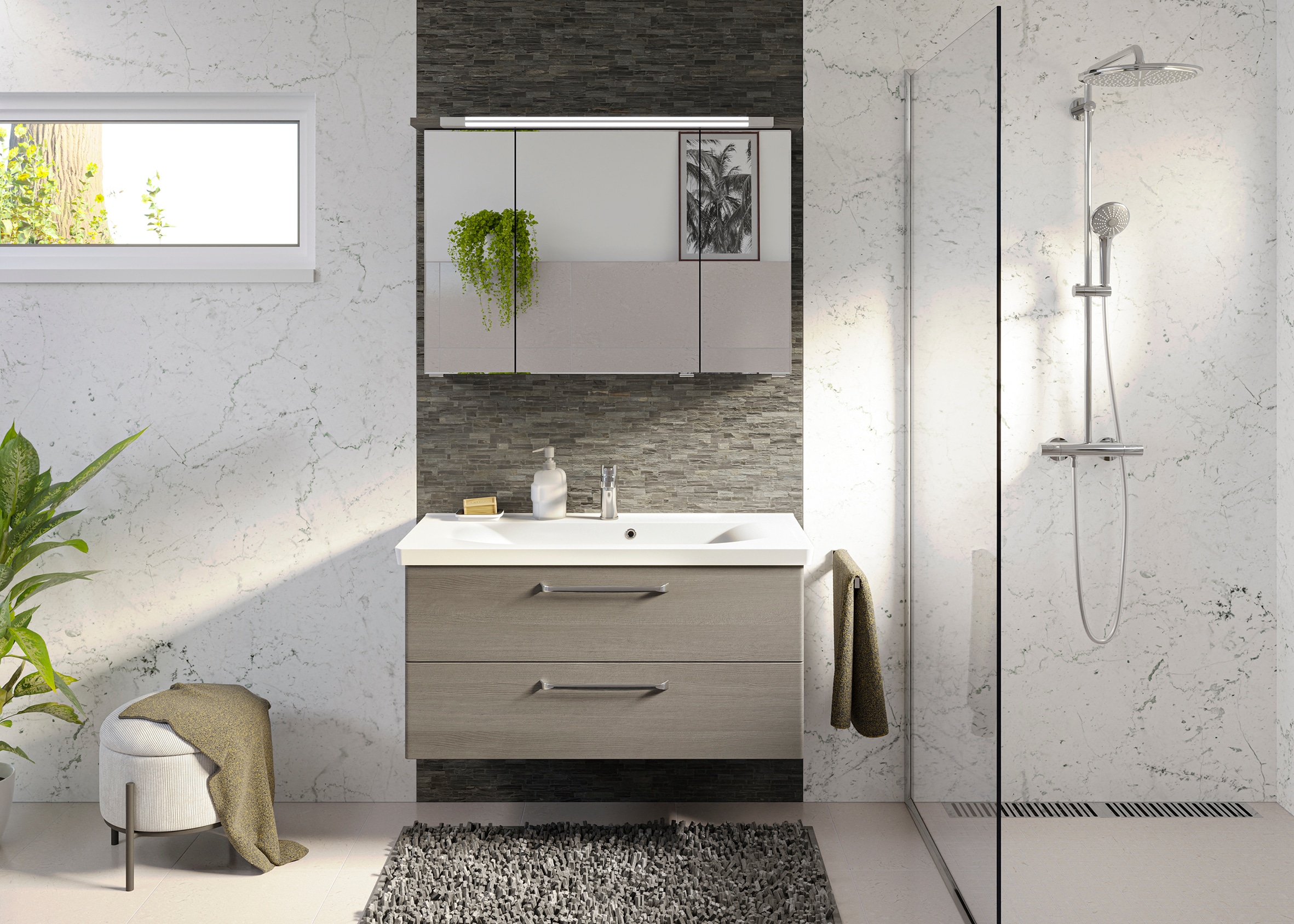 Saphir Badmöbel-Set »Trentino 2-tlg Mineralmarmor-Waschtisch, Spiegelschrank mit LED-Profil«, (3 St.), Badmöbel-Set 110cm breit, inkl. Türdämpfer, 3 Türen, 2 Auszügen