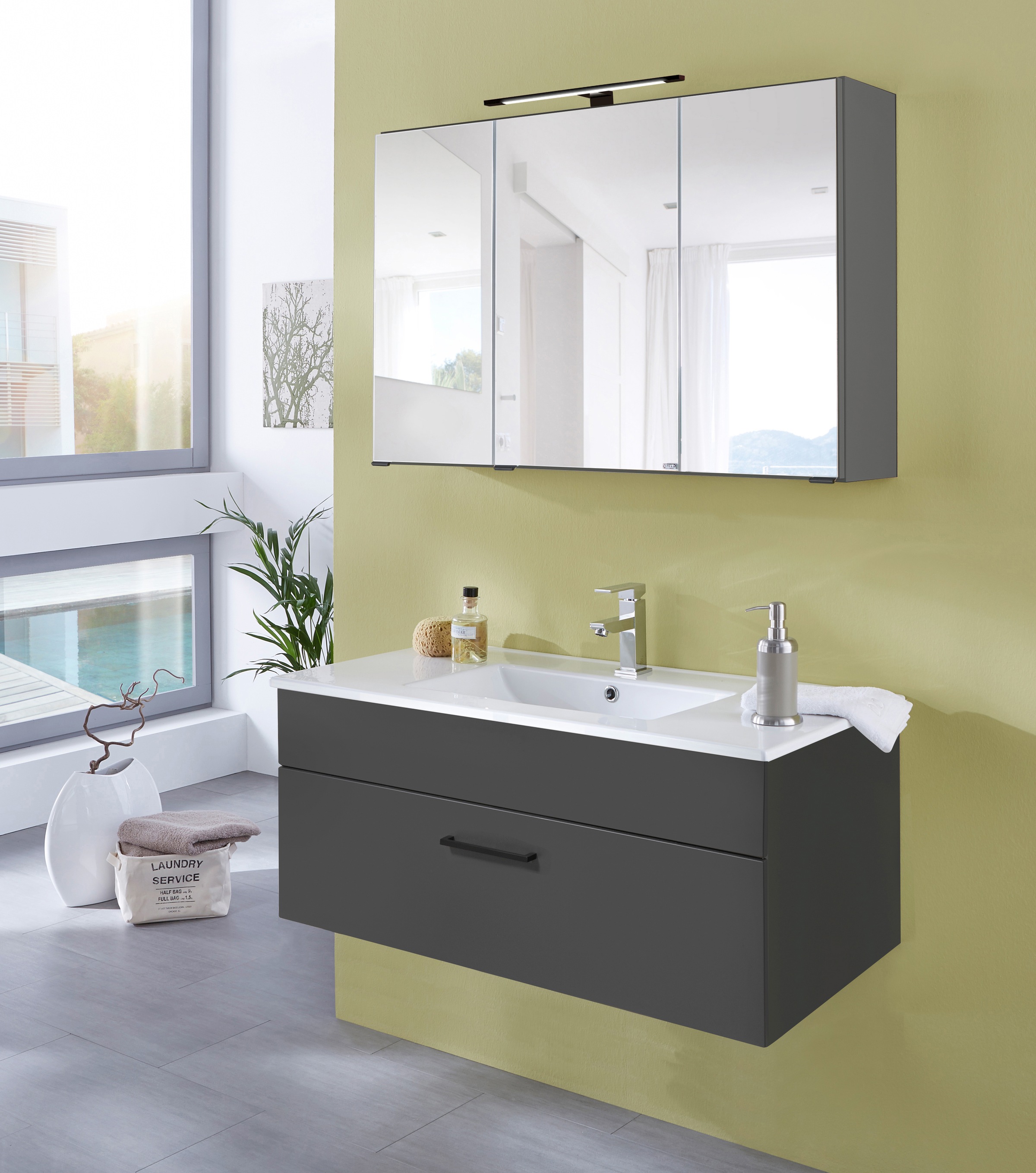 welltime Waschtisch »Trento Light mit Keramik-Auflagebecken«, 1 Auzug und 1 offenes Fach, Breite: 101cm, Anthrazit Matt