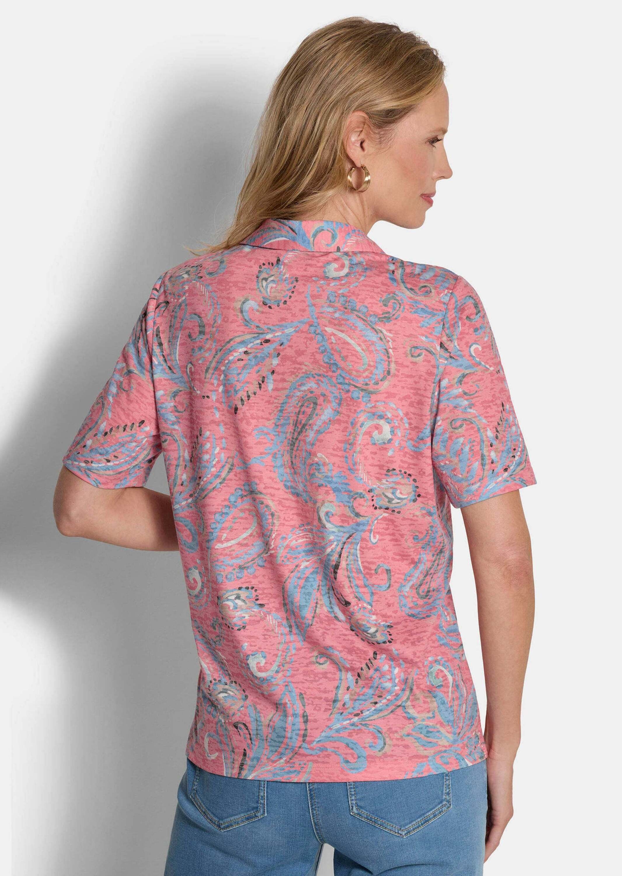 Print-Shirt GOLDNER "Blusenshirt mit Paisley-Muster", Damen, Gr. 48, rot (koralle, gemustert), Obermaterial: 65% Polyester PES. 35% Viskose CV., gerade, Shirts, stretchbequemer Jersey 3