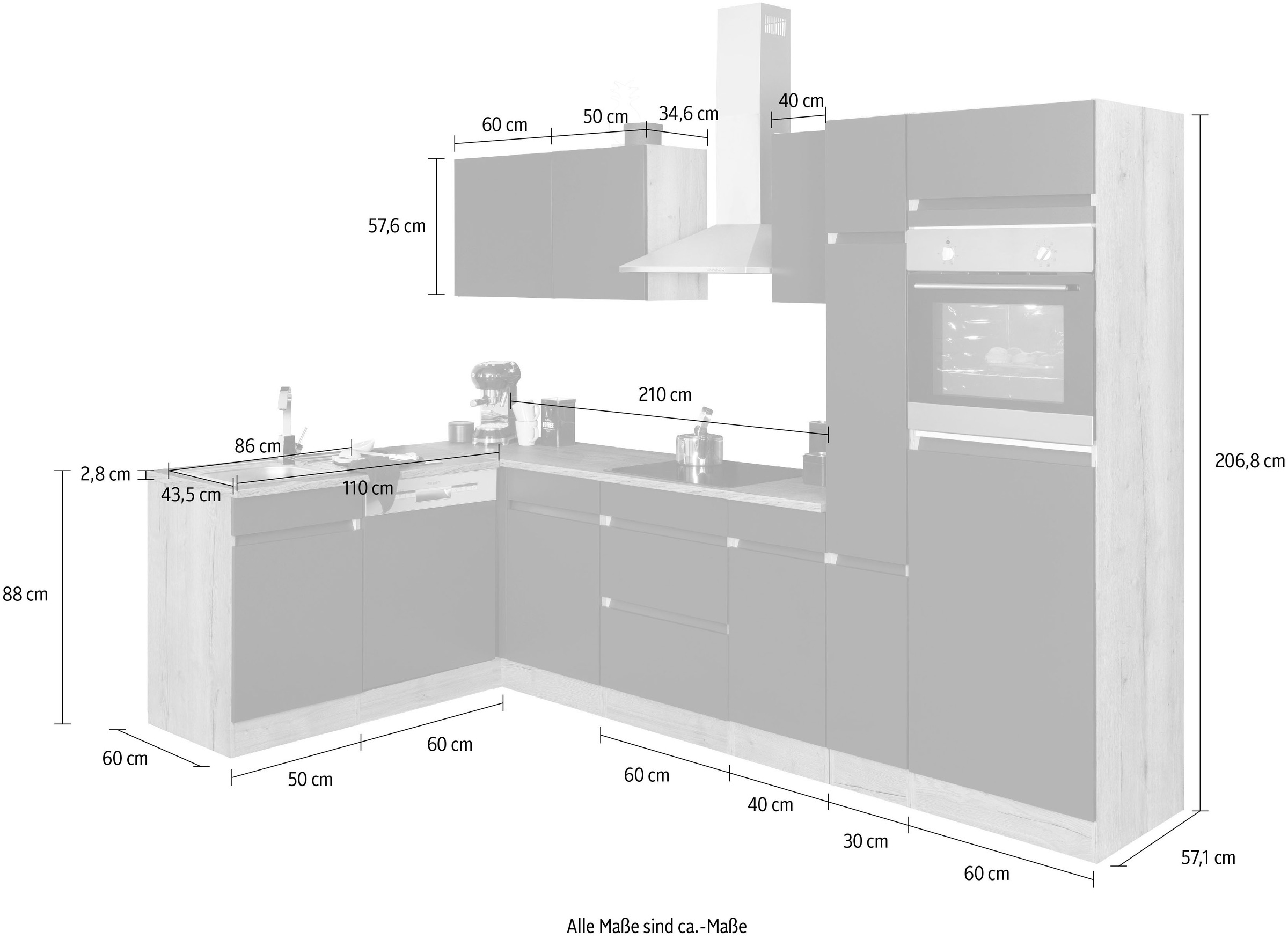 OPTIFIT Winkelküche »Roth«, Stellmaße 300x175 cm, wahlweise mit E-Geräten, mit Apothekerschrank