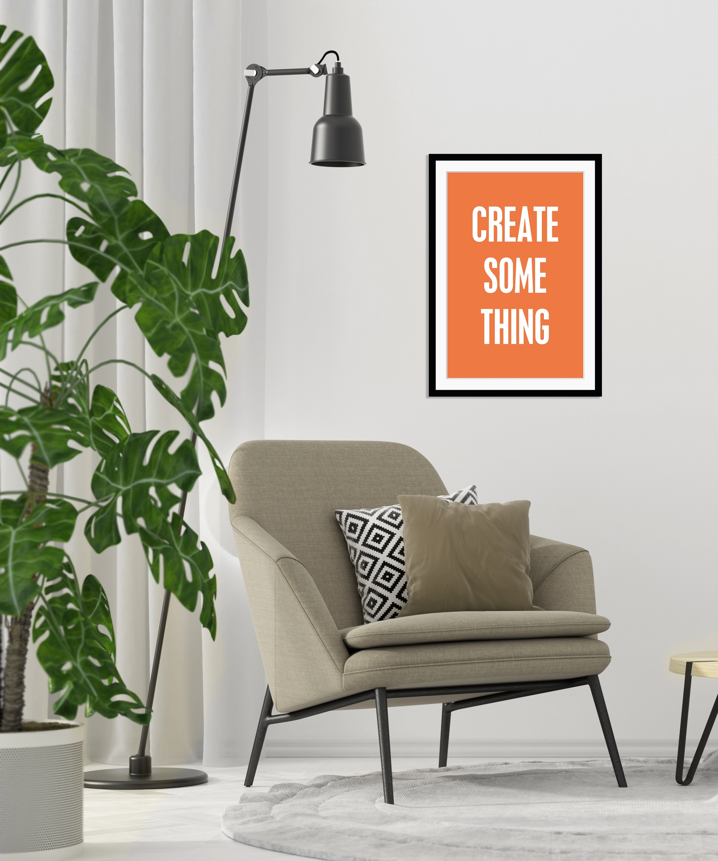 queence Bild »CREATE SOMETHING«, Sprüche & Texte-Schriftzug-Motivationsbilder, HD Premium Poster-Druck inkl. Holzrahmen