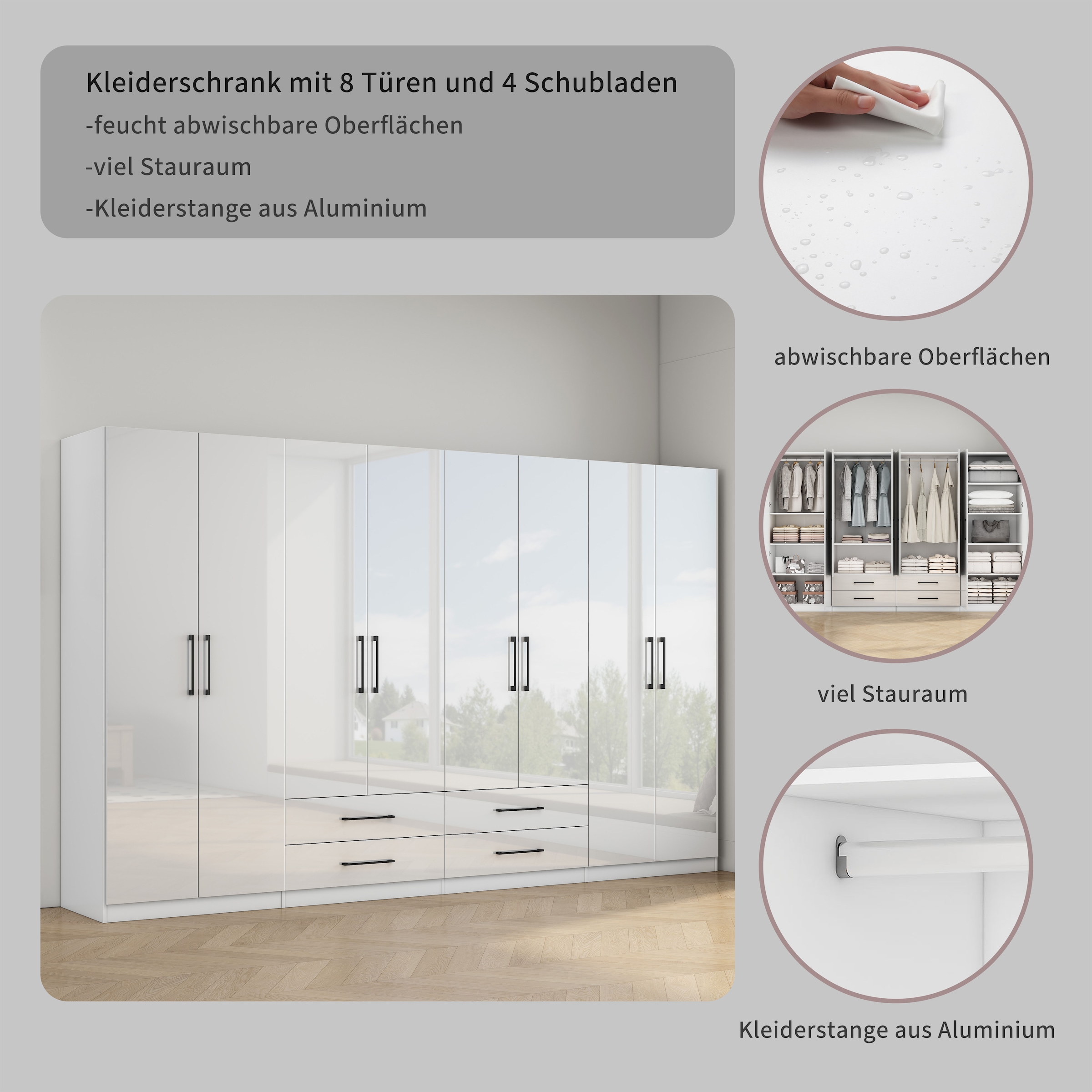 OTTO home Kleiderschrank »Sylt Schlafzimmerschrank Garderobe Schrank in hochglanz mit 8 Türen« Drehtürenschrank mit perfekter Innenausstattung