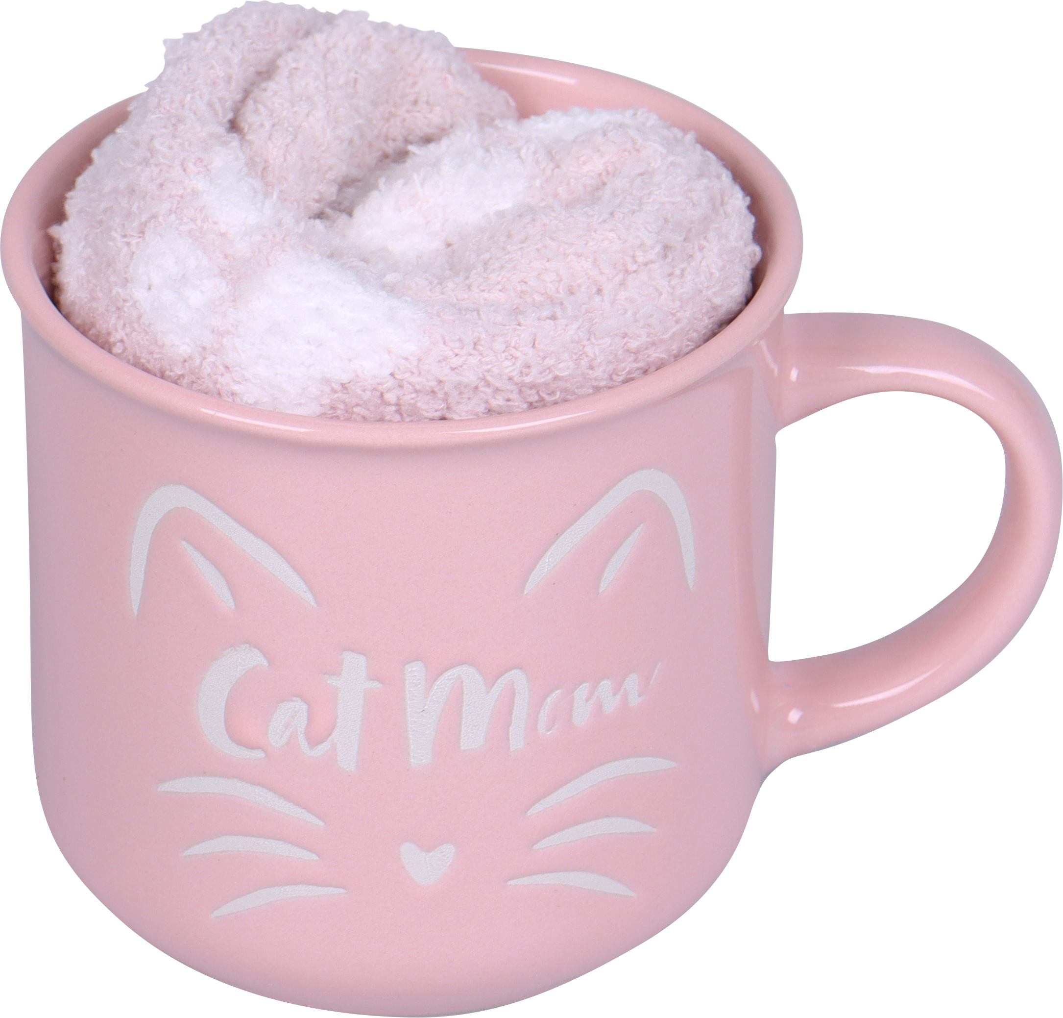 Capelli New York Kuschelsocken, (1 Tasse und 1 Paar Socken), Geschenkset mit rosanen Kuschelsocken und pinker "Cat Mom" Tasse