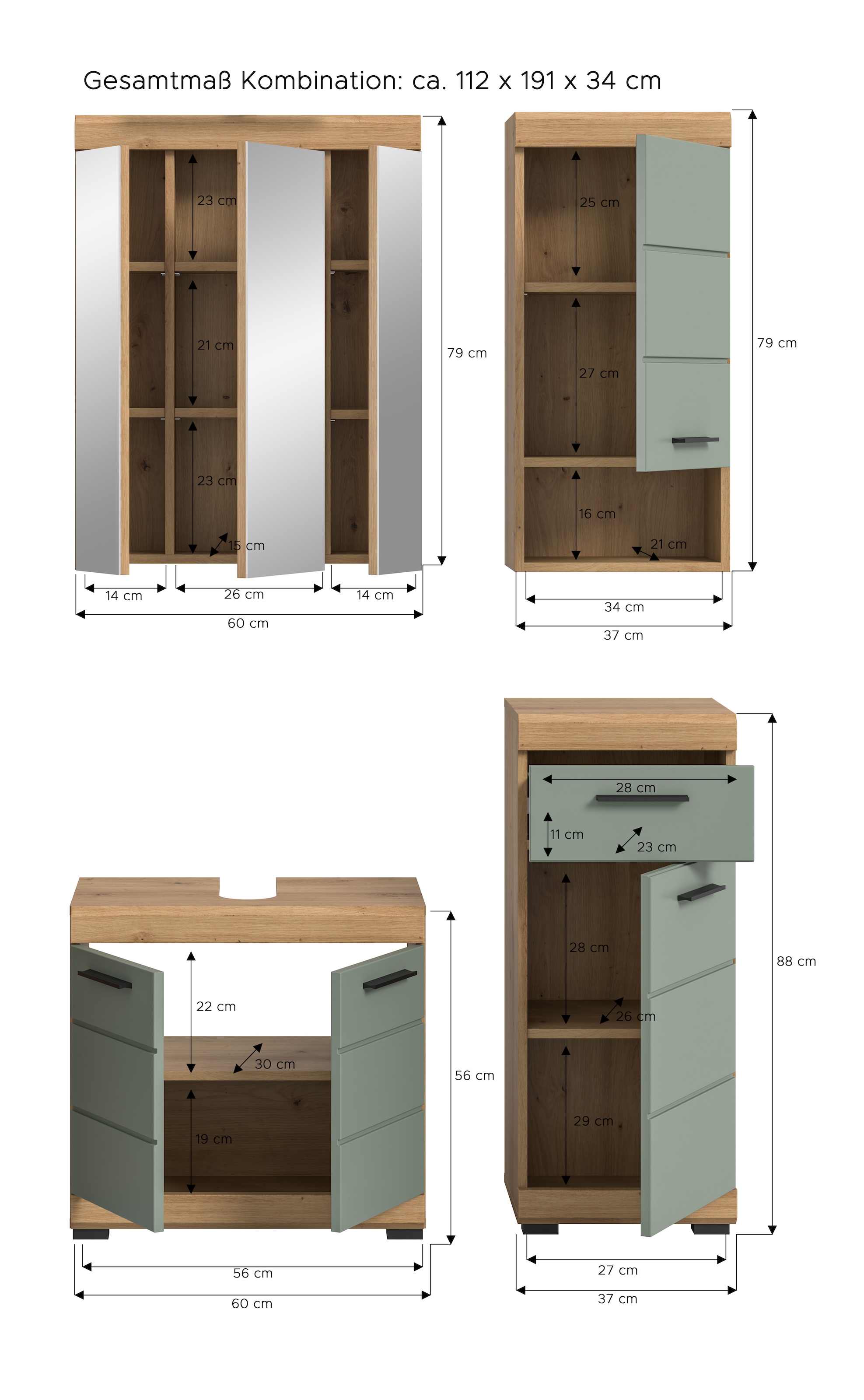 INOSIGN Badmöbel-Set »Siena, 4 teilig, bestehend aus:«, (Set), Waschbeckenunterschrank, Spiegelschrank, Unterschrank, Hängeschrank