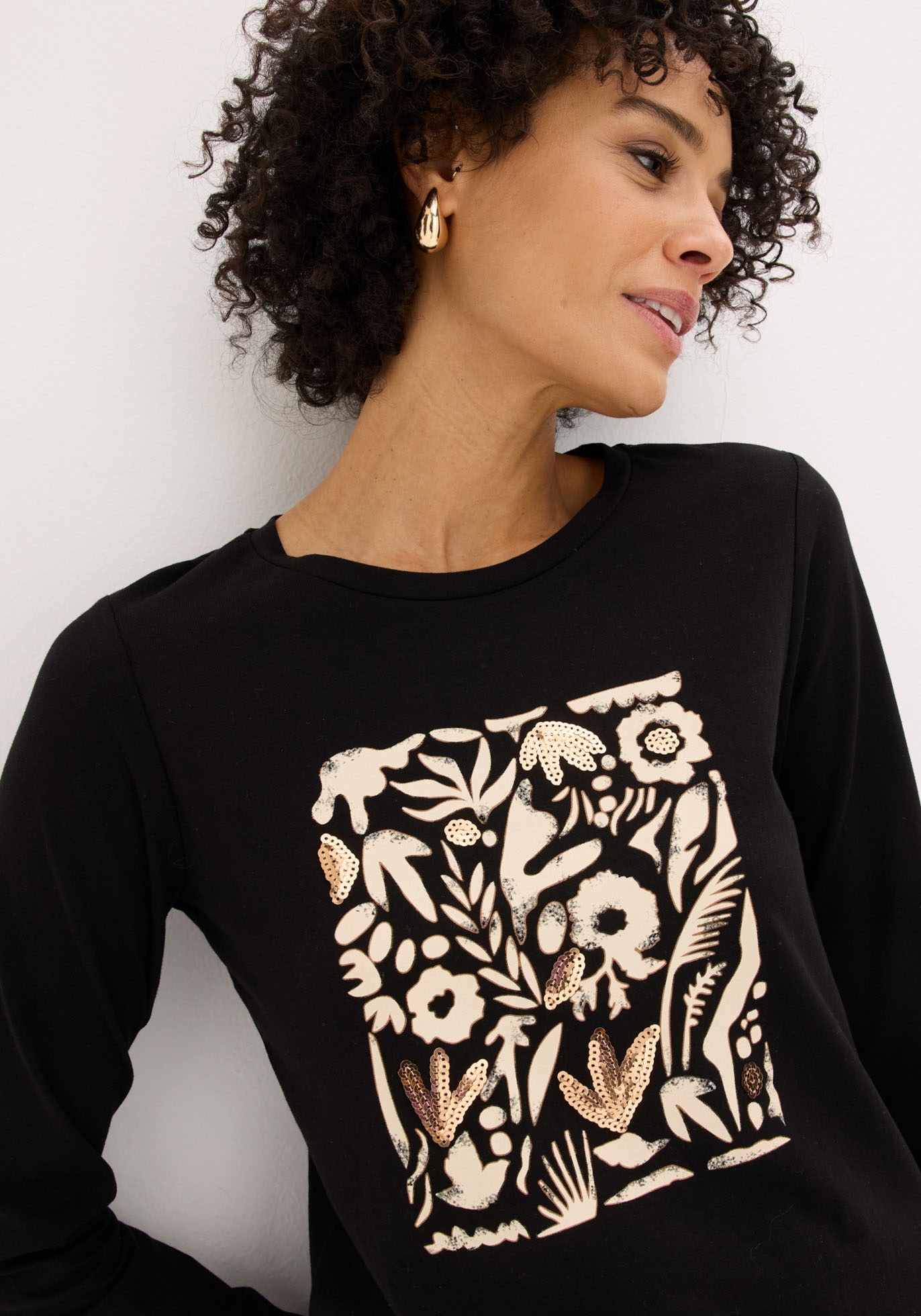 bonprix Langarmshirt Slim fit, Langarm, Druck mit Pailletten, für Frühling und Sommer