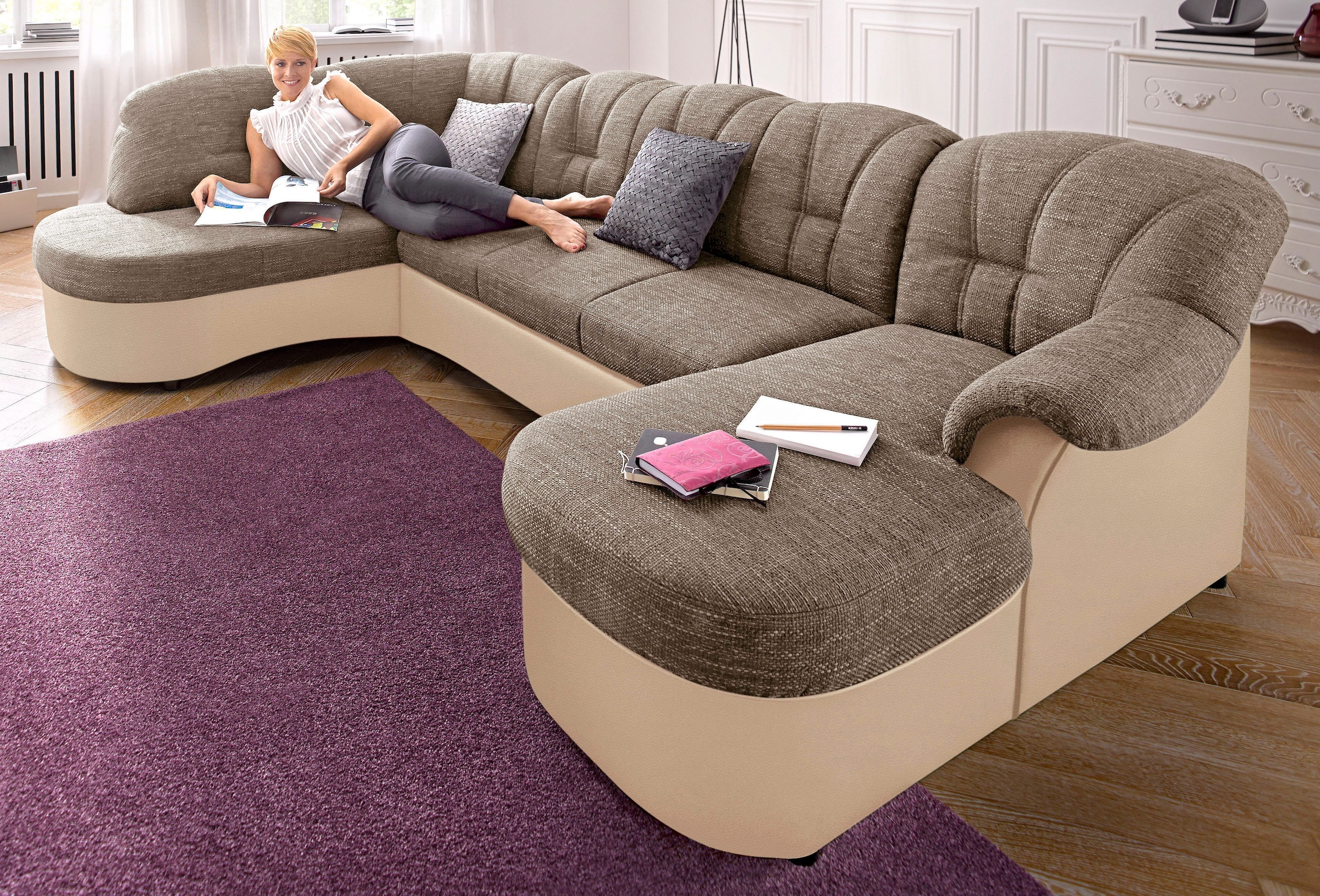 DOMO collection Wohnlandschaft "FLORES 293x180x86 cm, hochwertig, komfortabel, U-Form" wahlw. mit Bettfunktion, wahlw. mit Federkern, Unser Dauertiefpreis