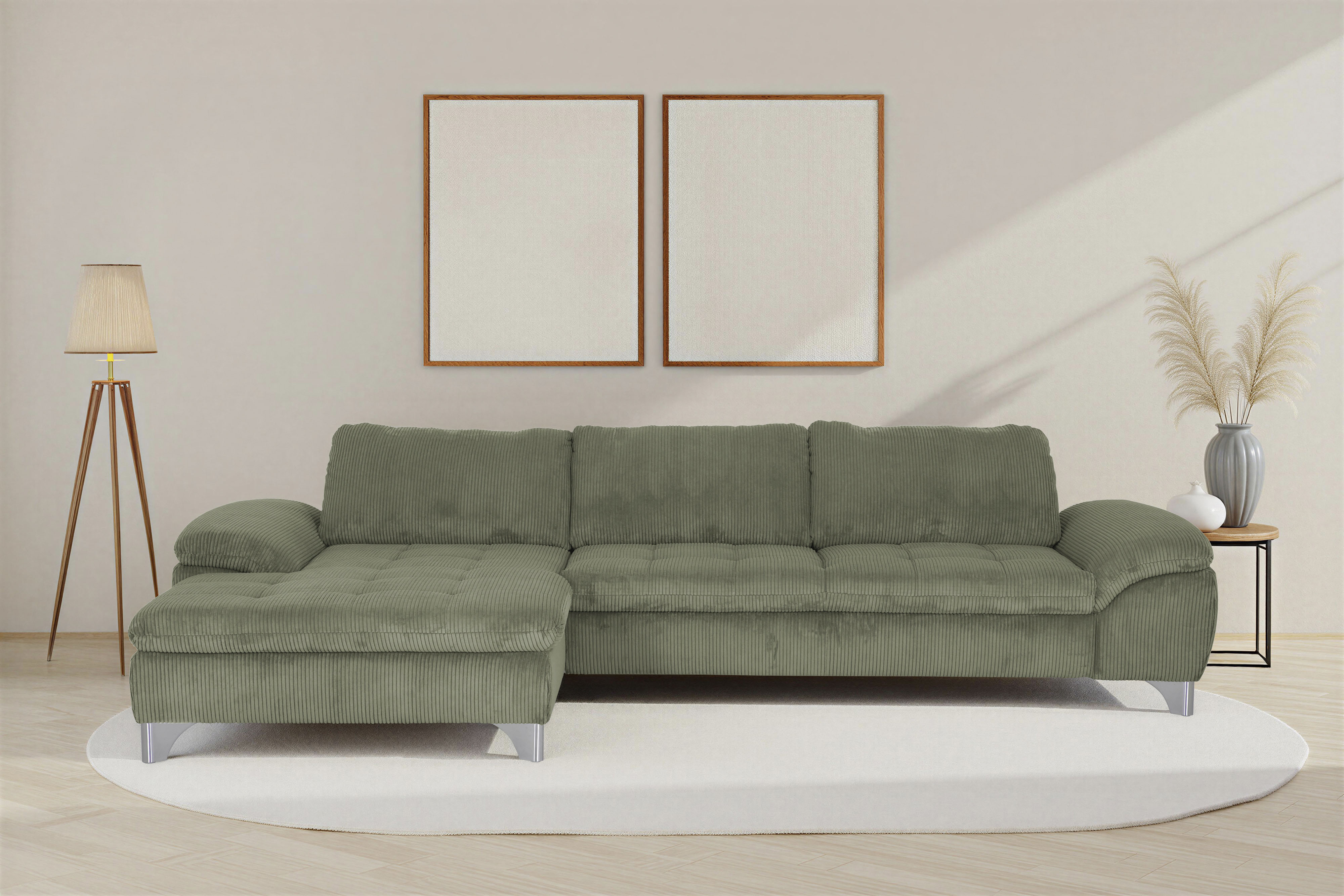 Die PlanBar Ecksofa "Recamiere MP-IN14007 L-Form, Breite 318 cm" wahlweise mit Schlaffunktion und verstellbaren Kopfstützen