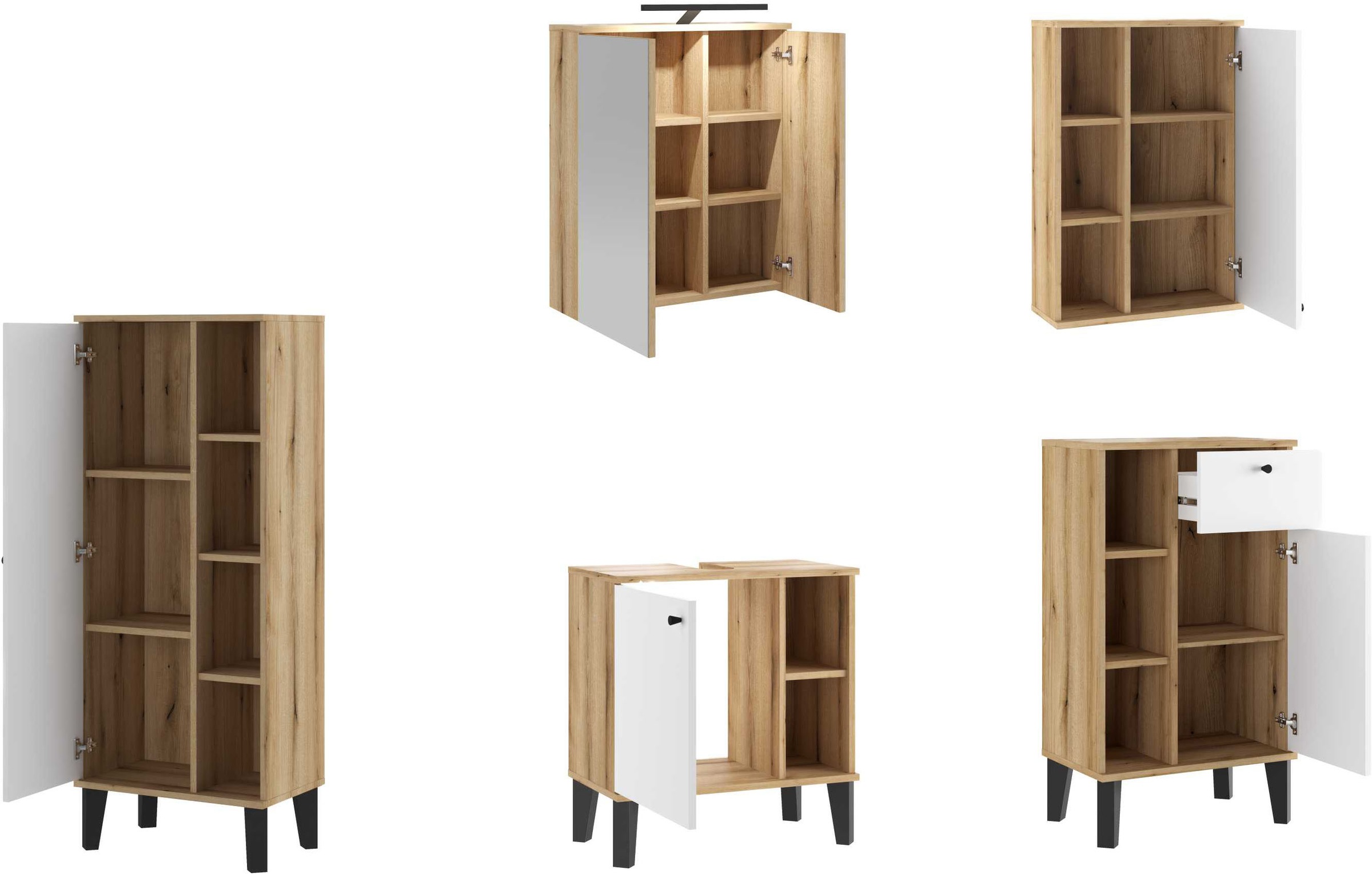 INOSIGN Badmöbel-Set »OSLO, Bad im skandinavischen Design, 5-teiliges Badezimmer«, (Set, 5 St.), Badschränke und Spiegel, in zwei Farben verfügbar, viel Stauraum