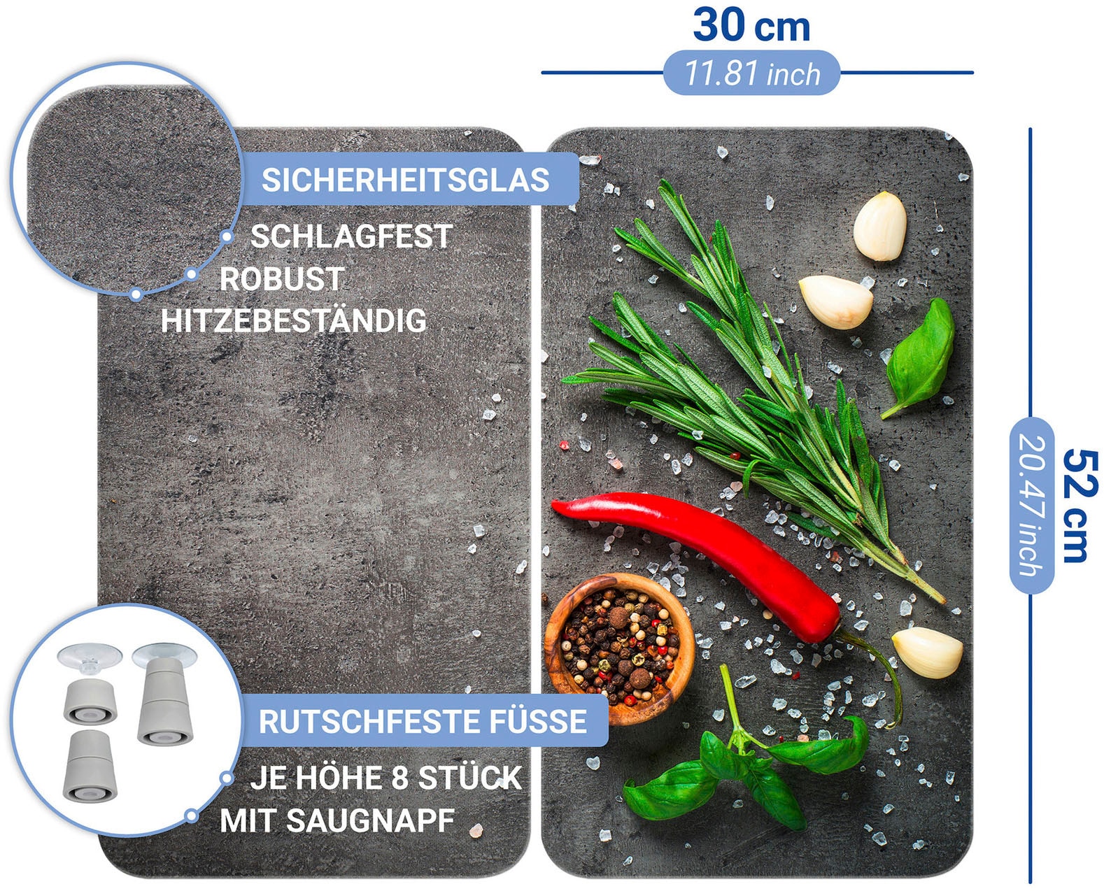 WENKO Herd-Abdeckplatte »Universal Modell Rosmarin«, (Set, 2 tlg.), Herdabdeckung für alle Herdarten, kratzfest, mit rutschfesten Füßen
