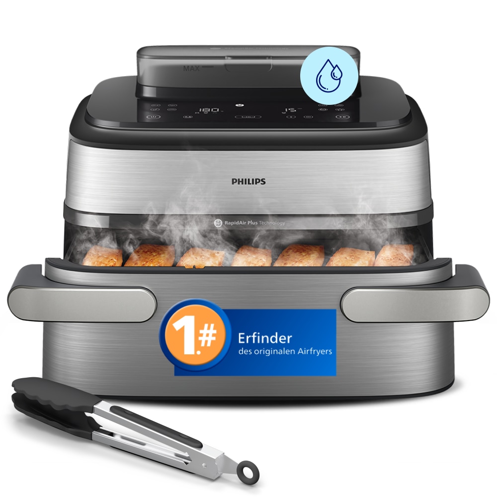 Philips Heißluftfritteuse "NA565/02 Steam Airfryer 5000 Series Megabasket, 9,5L Kapazität" 2750 W mit Dampfgarfunktion u. RapidAir Plus Technologie; inkl. Servierzange