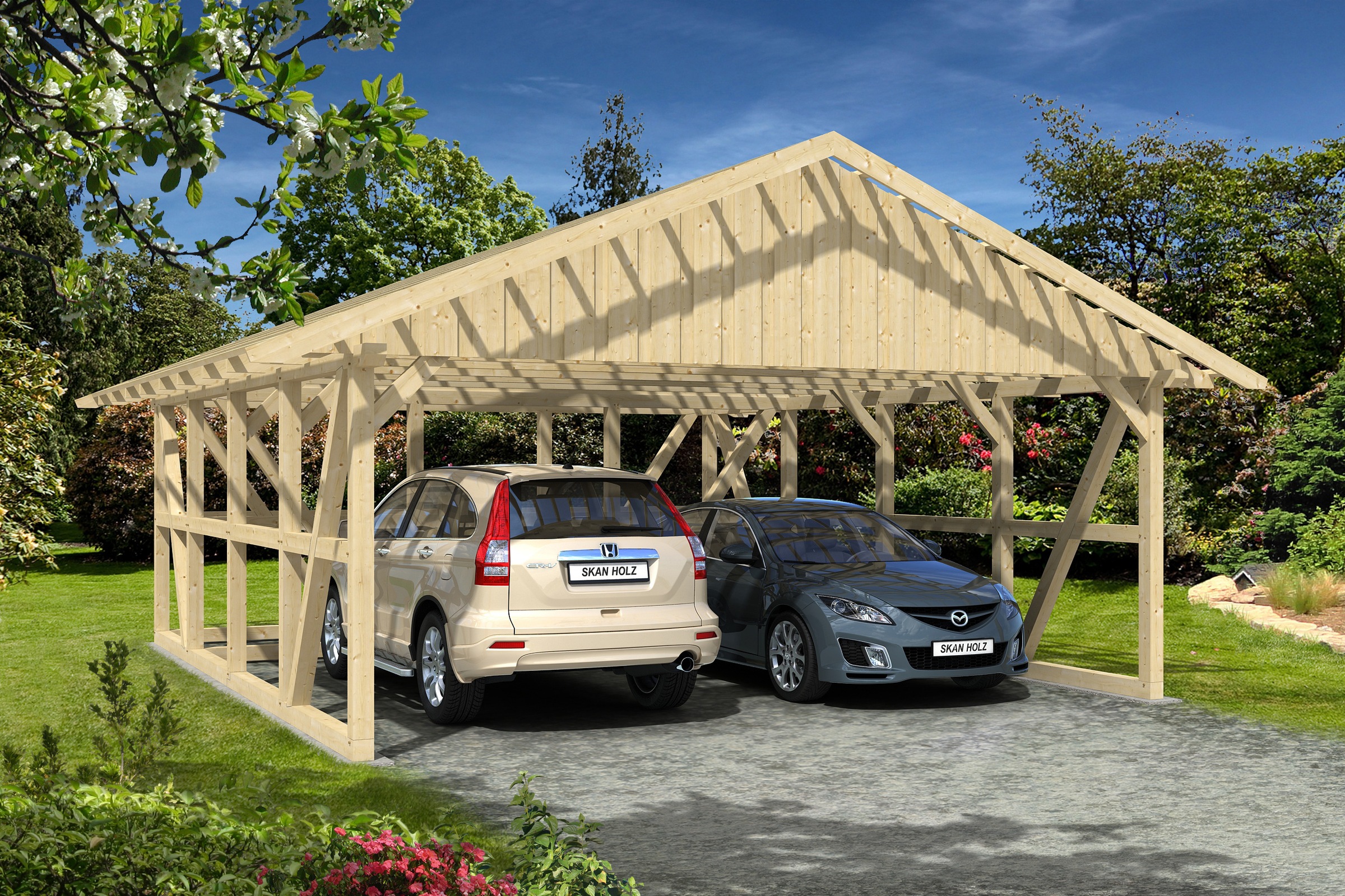 Skanholz Doppelcarport »Schwarzwald«, KVH-Fichte, 560 cm, Natur, mit Dachlattung