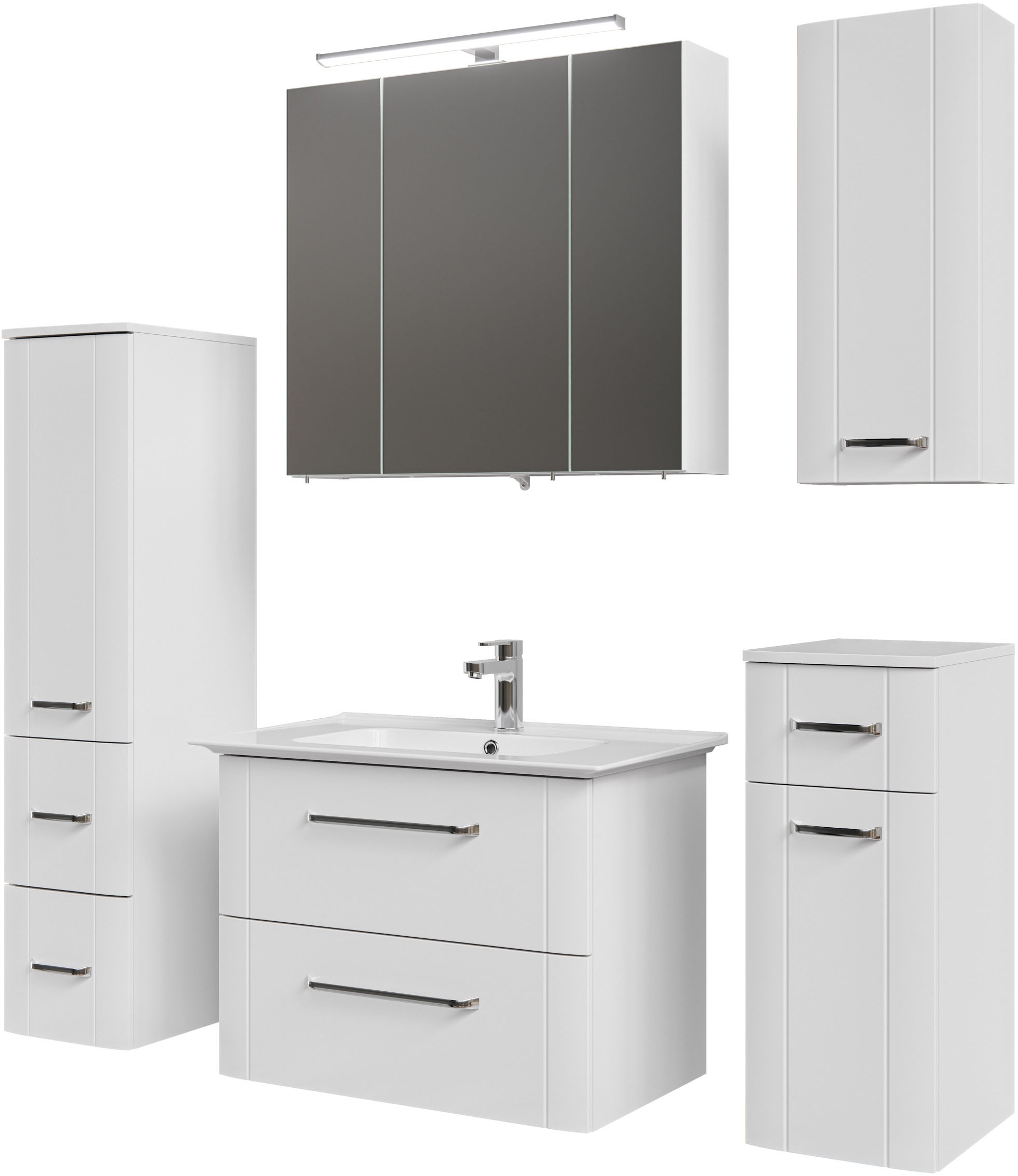 Saphir Badmöbel-Set »Badmöbel-Set Serie 3006 5-teilig Keramik-Waschtisch mit Spiegelschrank«, (6 St.), Badezimmer-Set mit Unterschrank, Hängeschrank, Midischrank, Türdämpfer