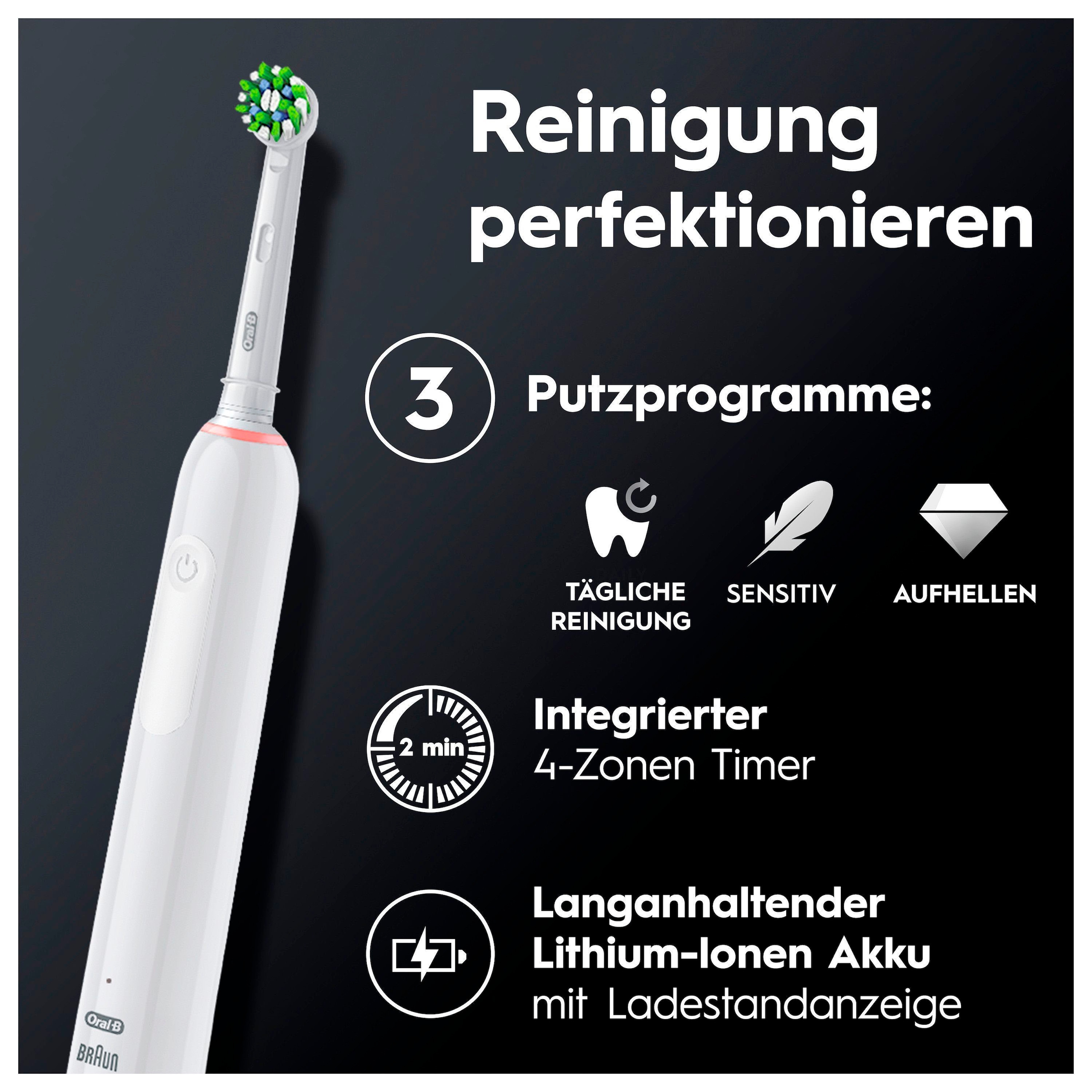 Oral-B Elektrische Zahnbürste »Pro 3 3500«, 2 St. Aufsteckbürsten, 3 Putzmodi