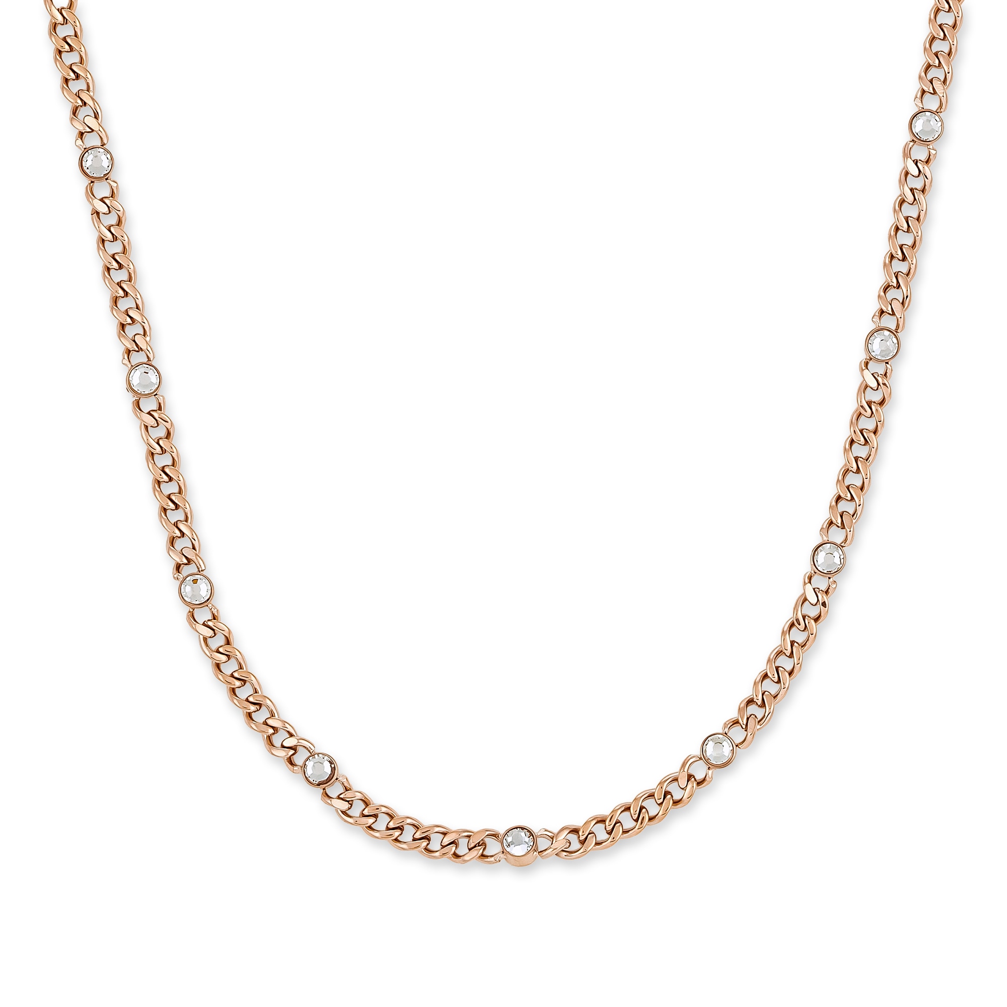 Edelstahlkette COPENHAGEN STUDIOS "Schmuck Geschenk Halskette Glittery Cuban", roségoldfarben, kristallweß, Halsketten, Damen, Edelstahl, L: 45 B: 1,5mm, Edelstahlkette, mit Strassstein, B:1,5mm