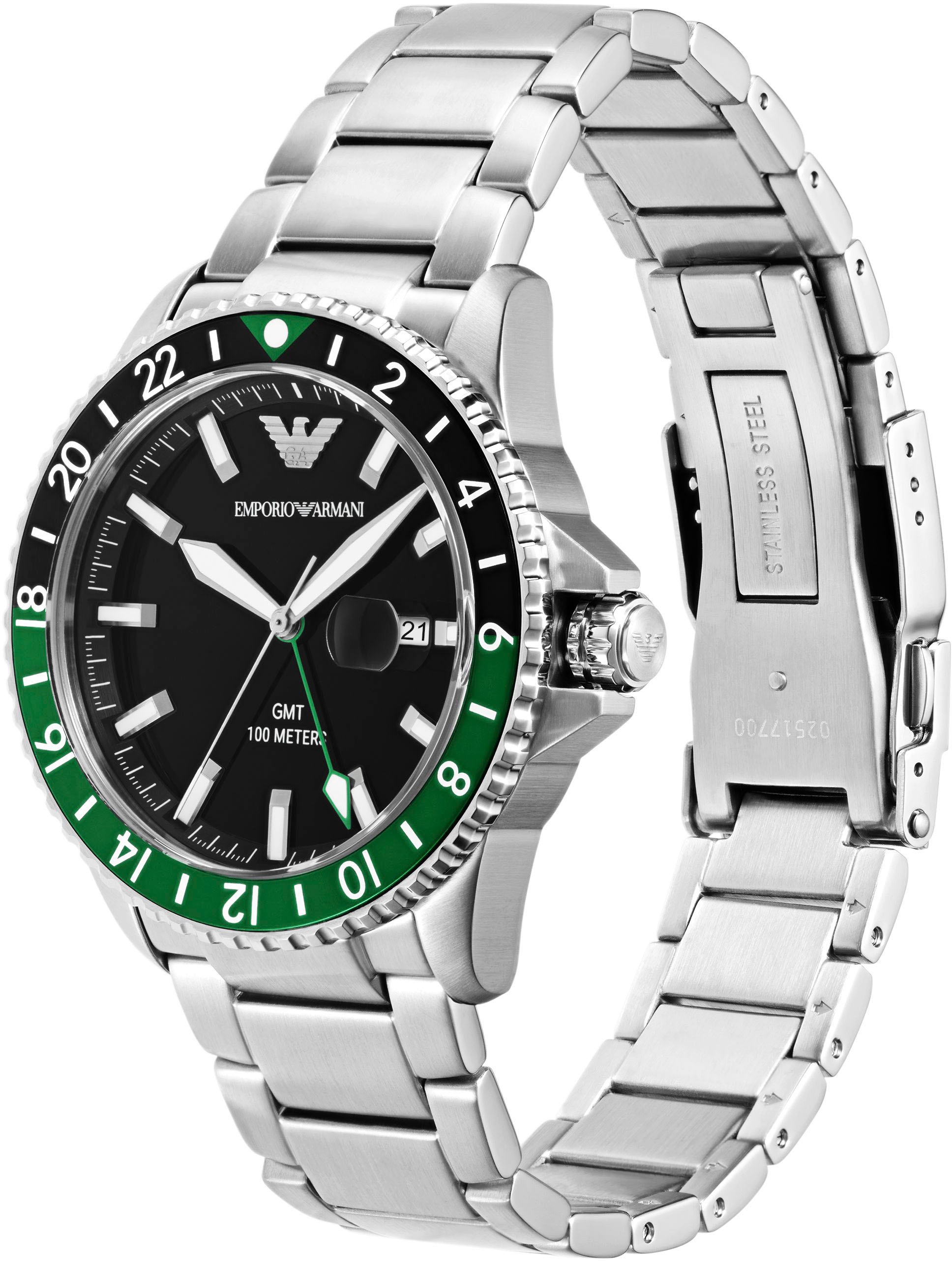 Emporio Armani Quarzuhr, Armbanduhr, Herrenuhr, Datum, GMT, bis 10 bar wasserdicht, Edelstahl