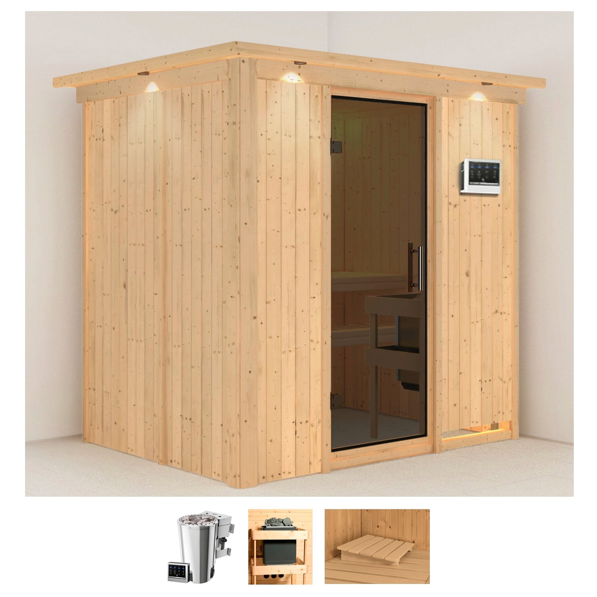 Karibu Sauna "Finja" Set, Ofen 3,6 kW Bio-Ofen externe Strg. easy