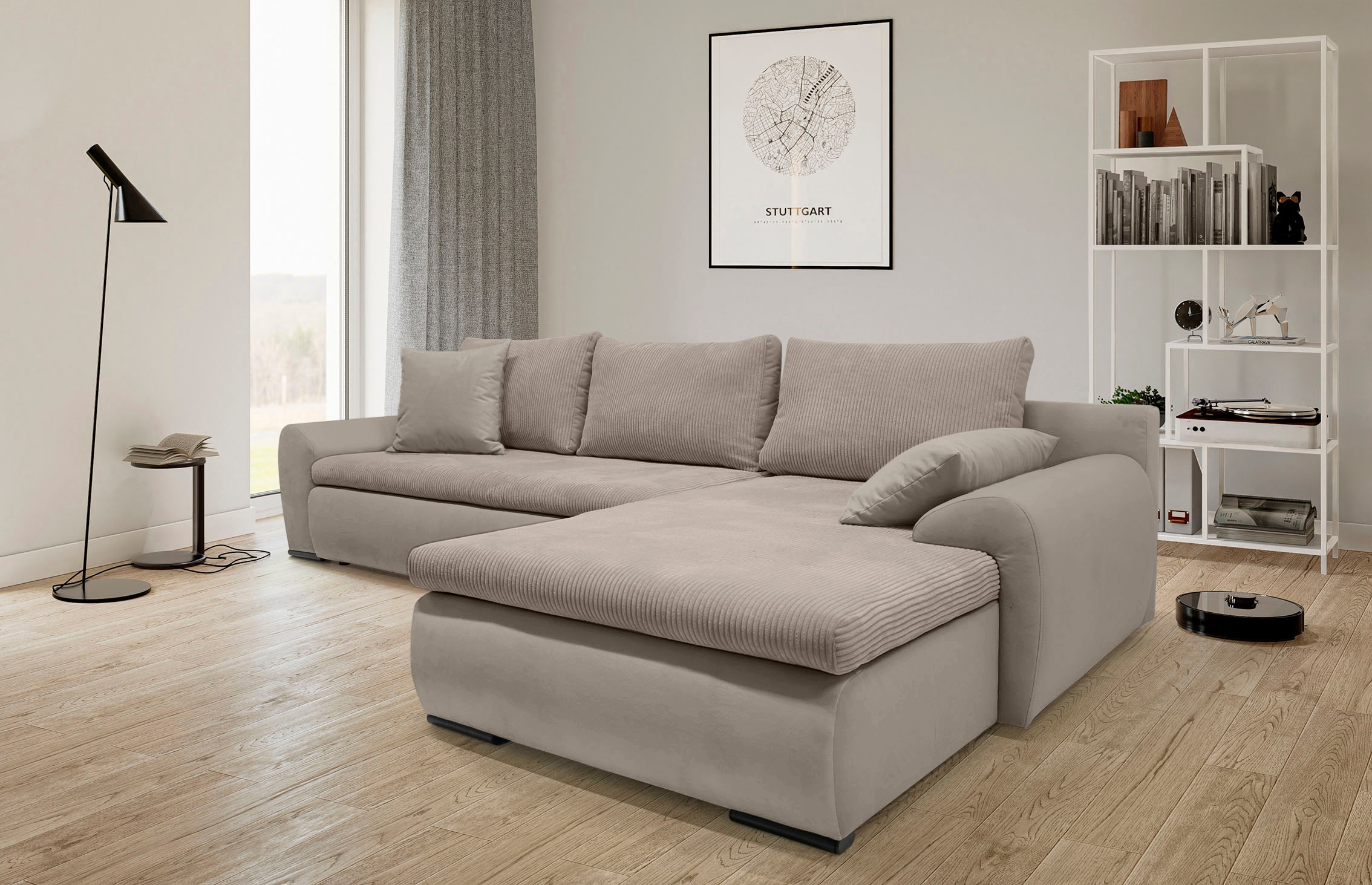 Home affaire Ecksofa »Win, L-Form, Breite 285cm«, optional mit Schlaffunktion und Bettkasten, taupe, Cord