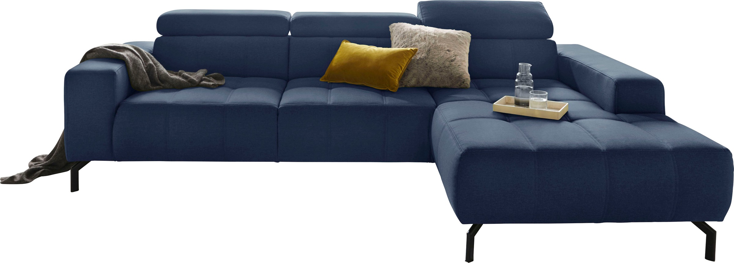 DOMO collection Ecksofa »Cunelli tolle Sitznähte als Designelement, fester Sitzkomfort, L-Form«, wahlweise mit 6-fach verstellbarer Kopfteilverstellung, bodenfrei