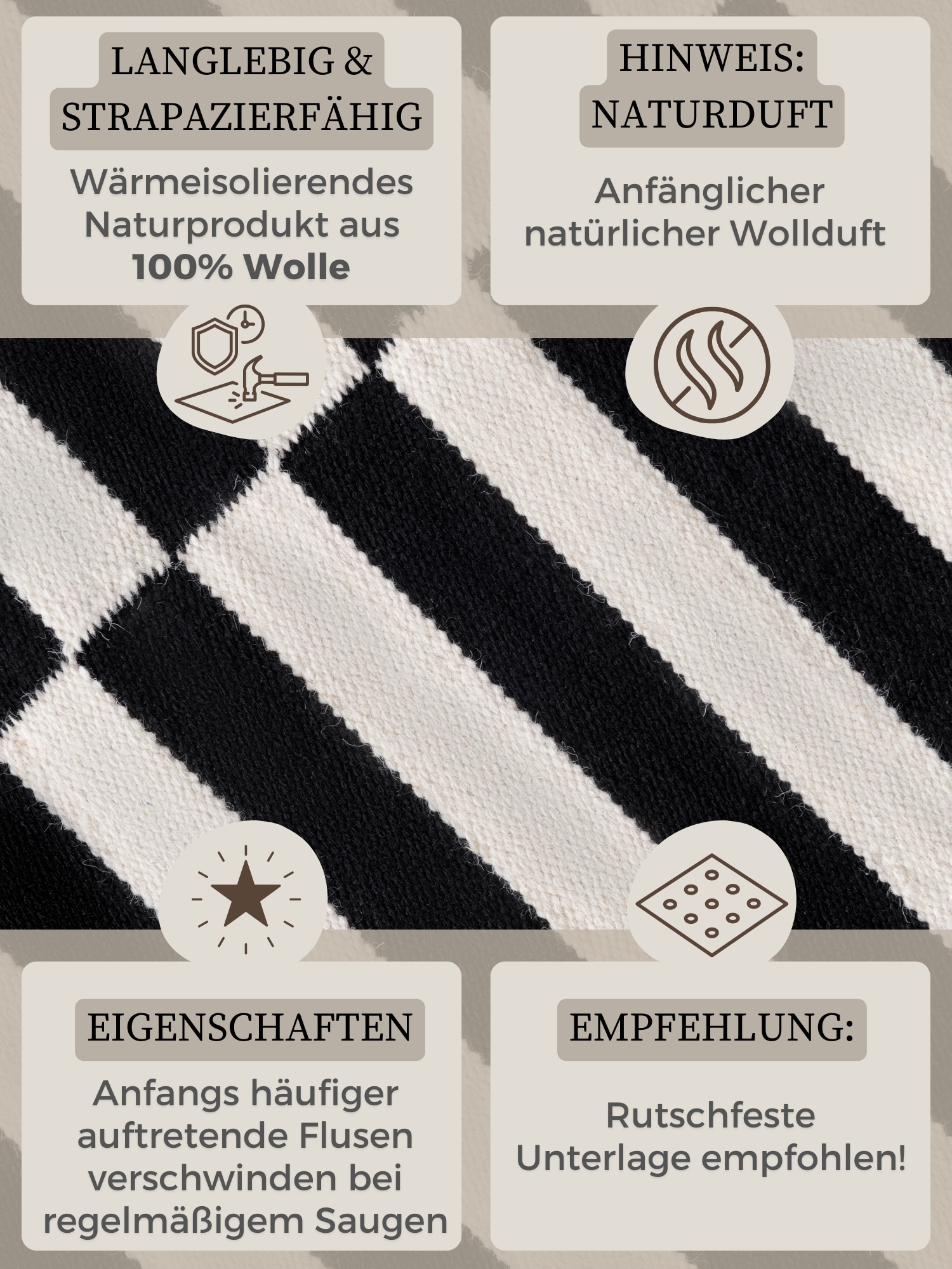 HANSE Home Wollteppich »Donna, schwarz-weiss«, rechteckig, 5 mm Höhe, Handgewebt, Wolle, Natur, Läufer, Wohnzimmer, Schlafzimmer, Streifen