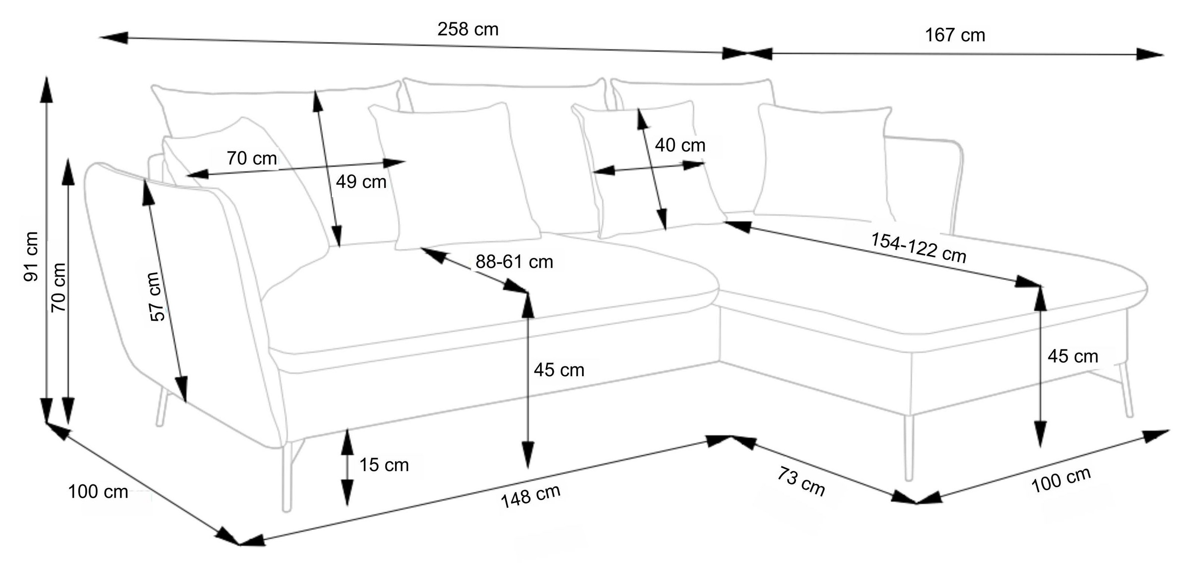 andas Ecksofa »MERLE, 258 cm, L-Form, Cord,«, mit Schlaffunktion, Liegefläche 224 x 139 cm und Bettkasten