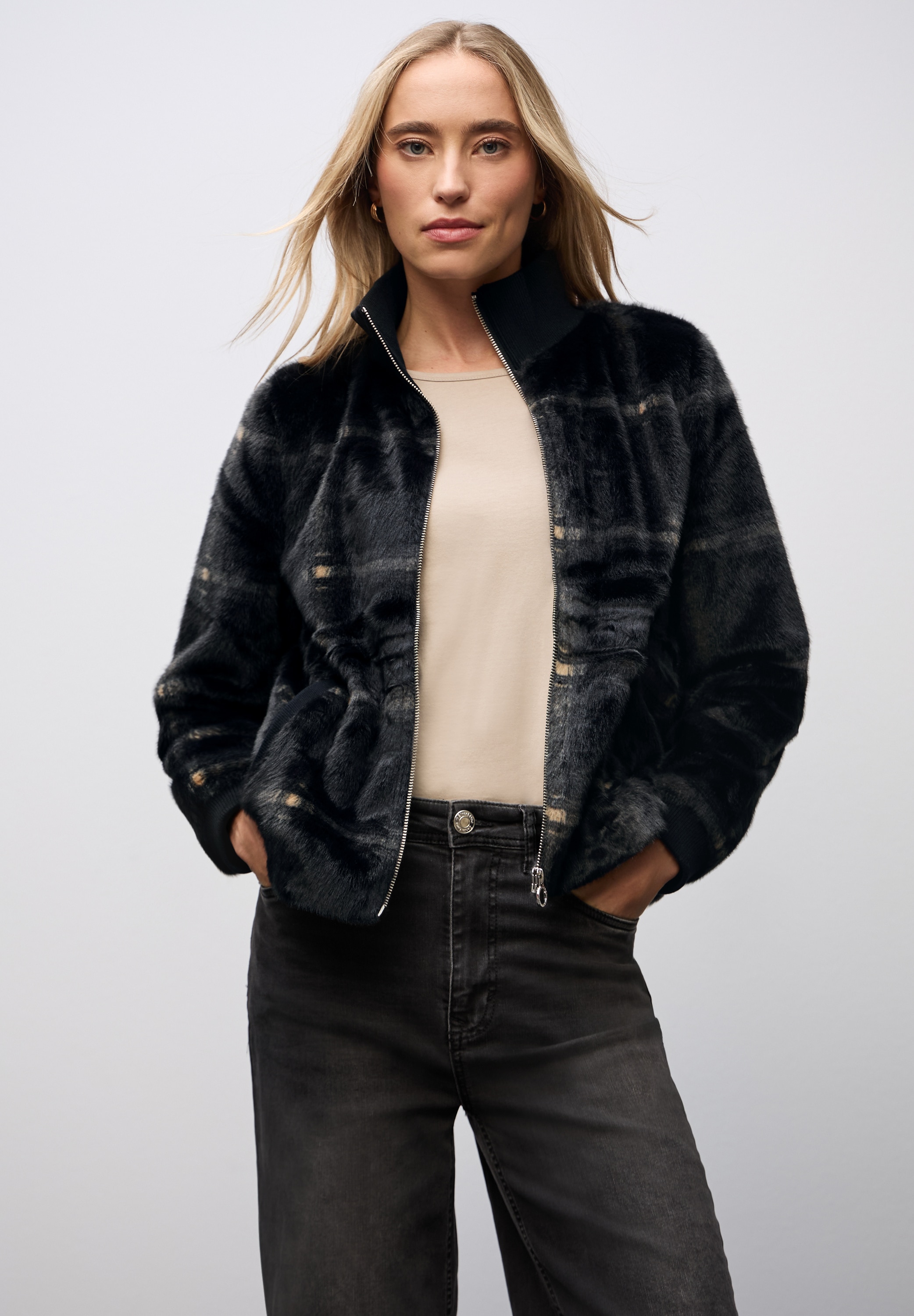 STREET ONE Fellimitatjacke ohne Kapuze Karierte Fake Fur Jacke günstig online kaufen