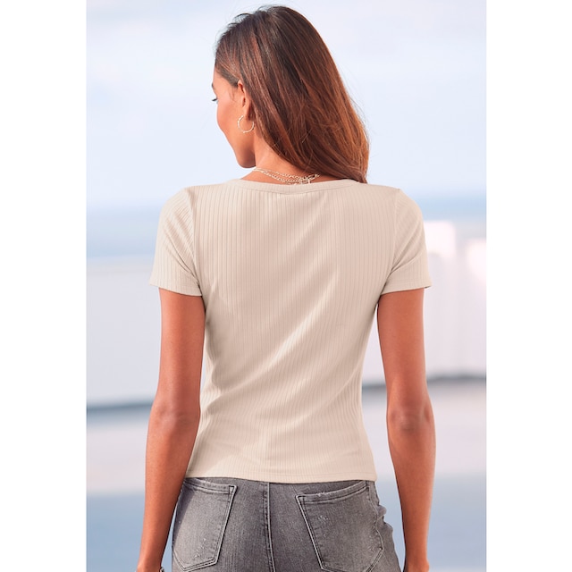 LASCANA Kurzarmshirt, aus Rippware mit Zierknopfleiste, T-Shirt,  V-Ausschnitt für bestellen | BAUR