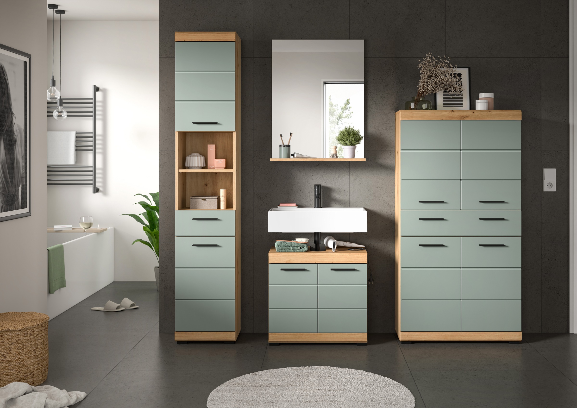 INOSIGN Badmöbel-Set »Siena, 4 teilig, bestehend aus:«, (Set), Hochschrank, Waschbeckenunterschrank, Badspiegel, Midischrank