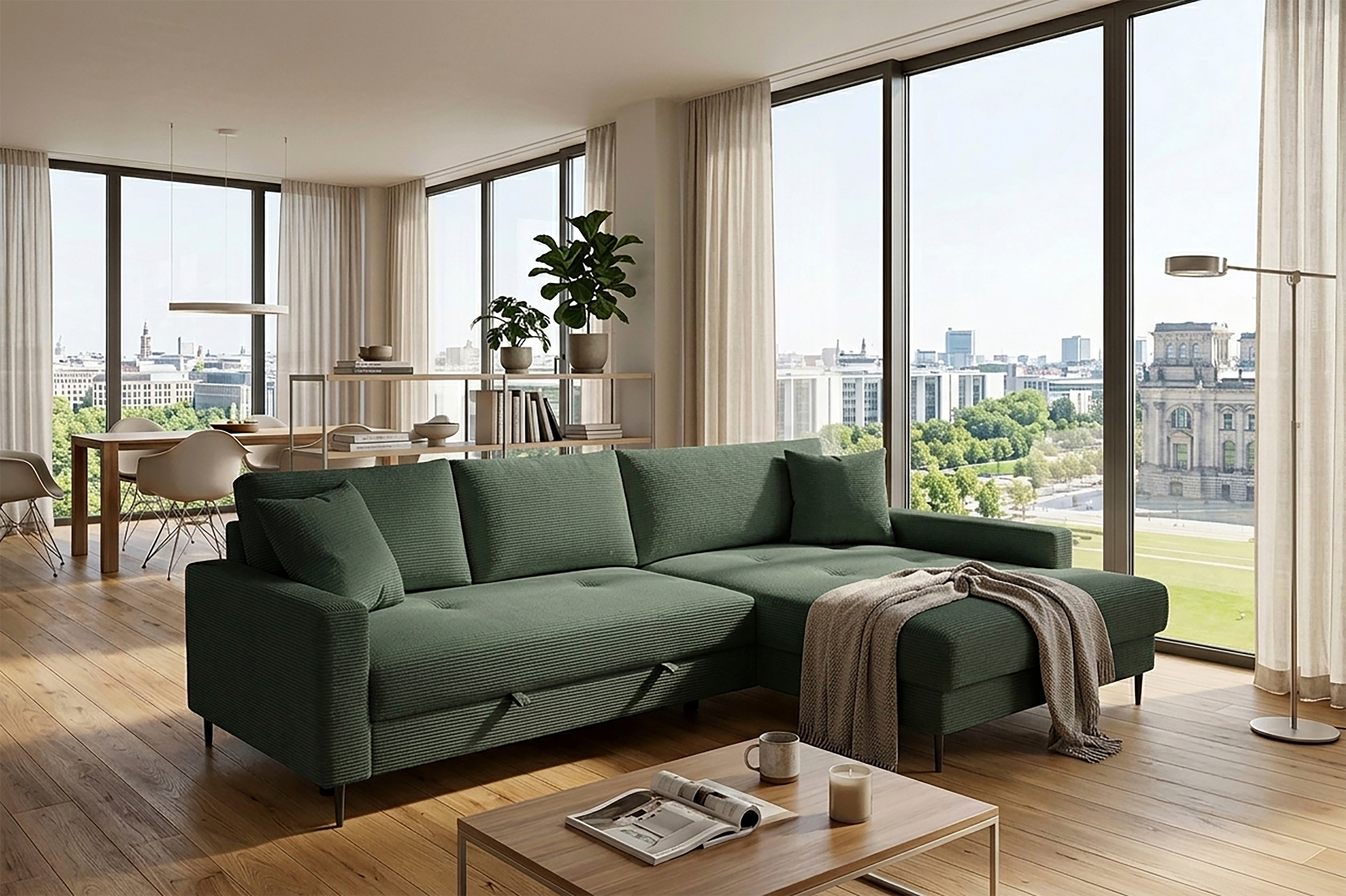 Trends by HG Ecksofa "Summer L-Form, B: 284 cm, Schlaffunktion, 2 Zierkissen" optional mit Kopfstützen, Wellenfederung, frei stellbar