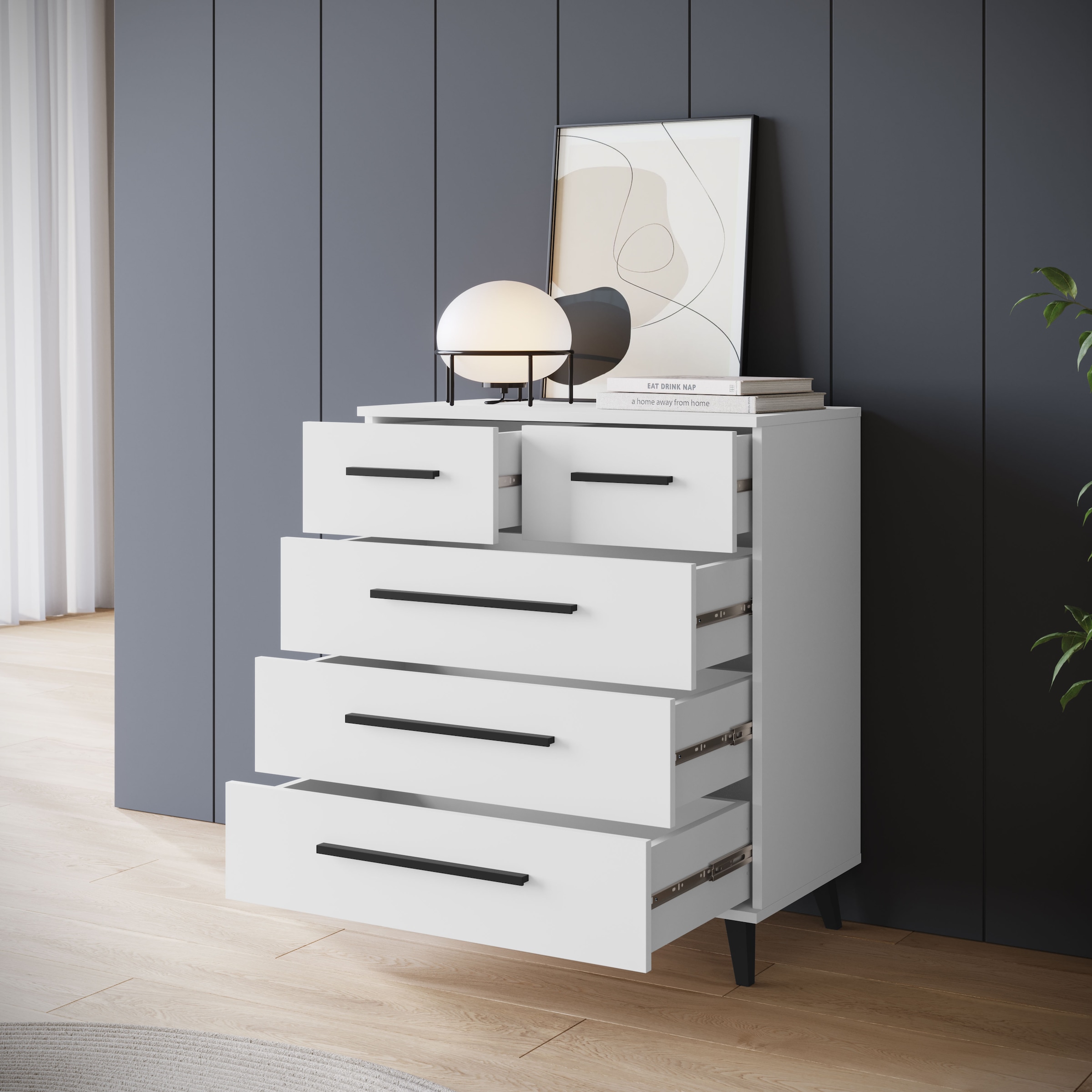 INOSIGN Sideboard »Lagos, Kommode, 5 Schubladen, schwarze Griffe & Füße«, (1 St.), modernes Design, B/T/H je 70/39,5/82,5 cm, pflegeleichte Oberfläche