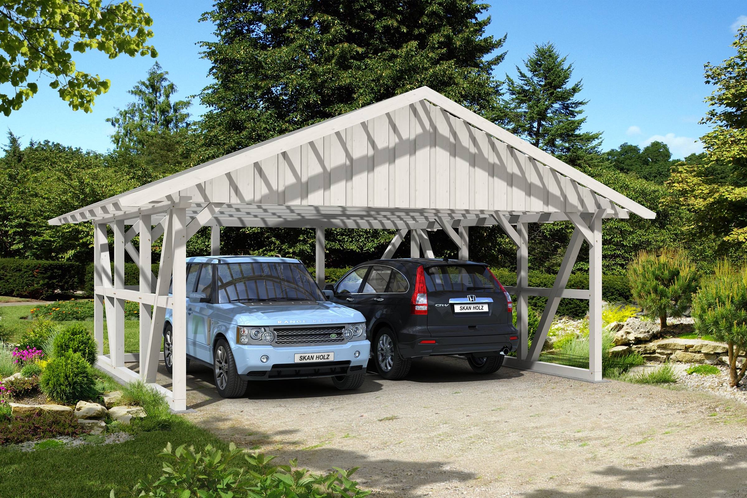 Skanholz Doppelcarport »Schwarzwald«, 560 cm, Weiß, mit Dachlattung