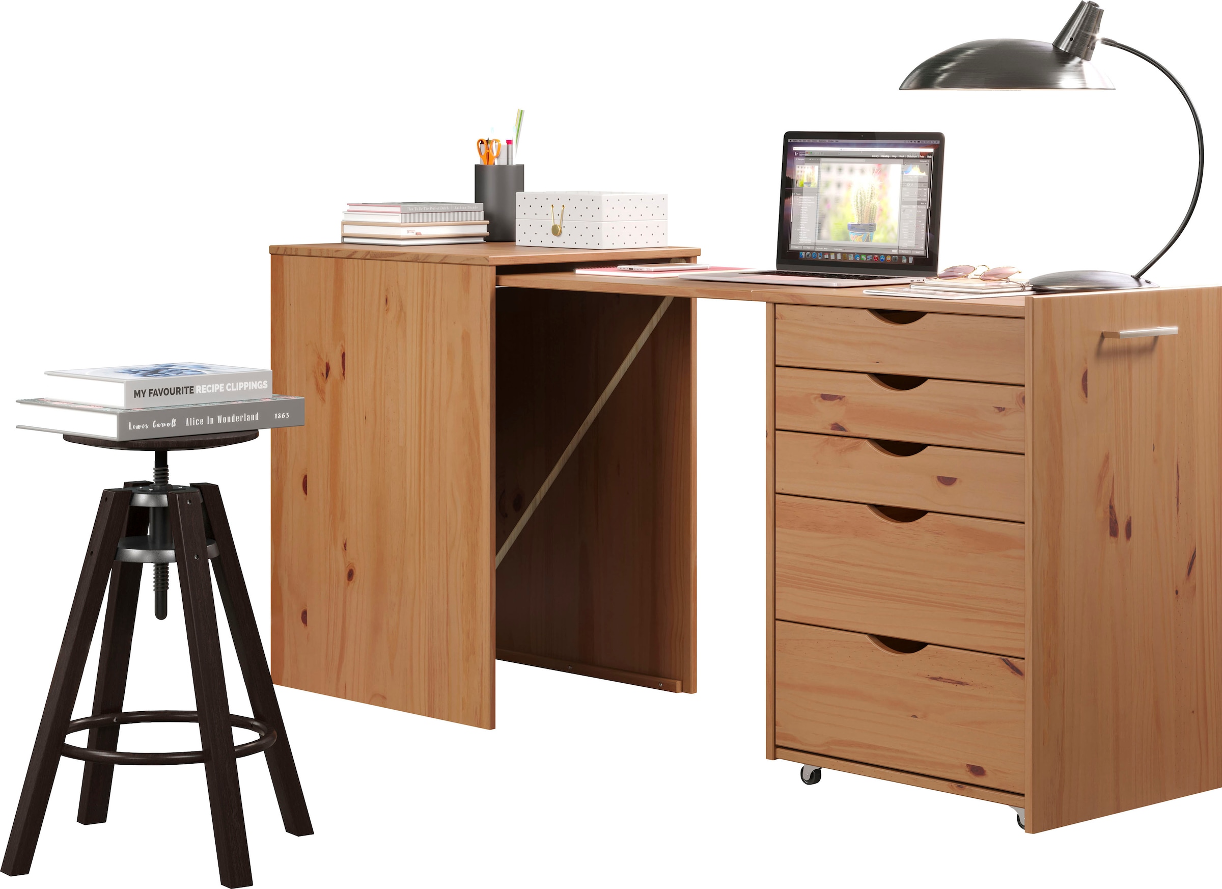 INTER-FURN Regal-Schreibtisch »Voltera«, (1 St.), kleiner Massivholz Schreibtisch, groß ausziehbar von 57 zu 164 cm
