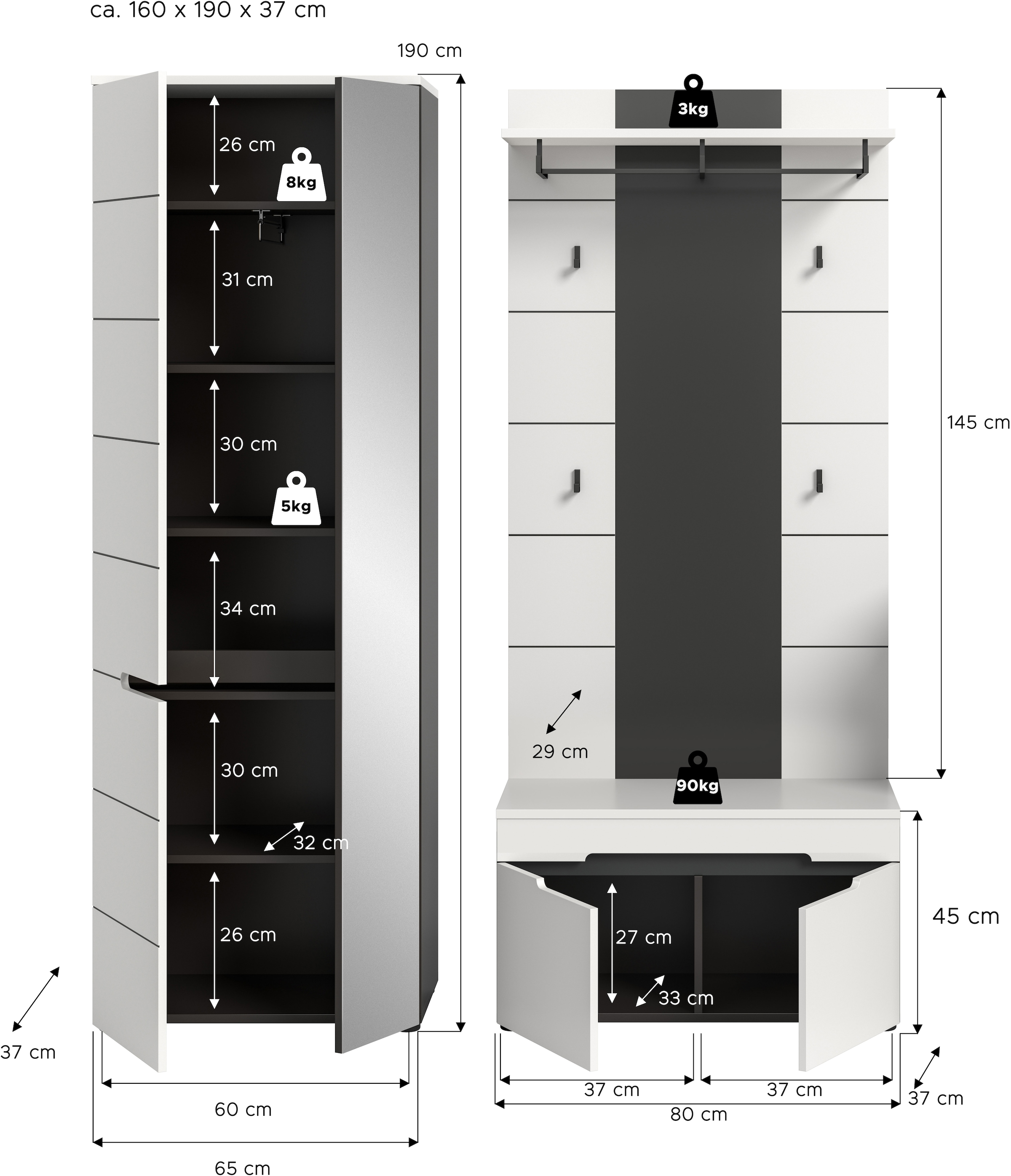 INOSIGN Garderoben-Set, (Set, 3 St., bestehend aus: Garderobenschrank, Sitzbank und Paneel), Garderobenkombination, Kombination, Set, Flurgarderobe, Diele