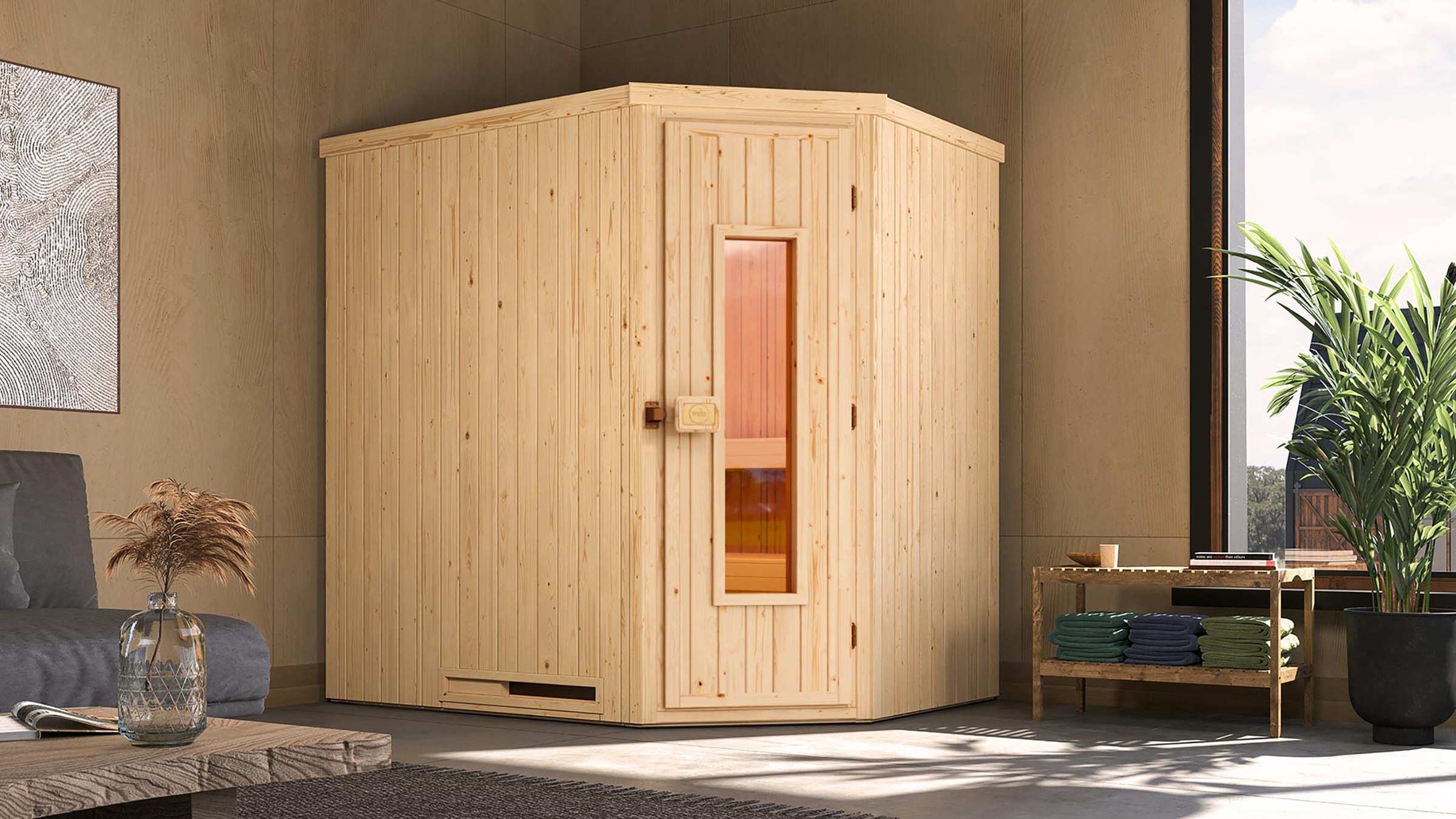weka Sauna »Element-Ecksauna VARBERG 1«, vorgefertigte Elemente, isolierte Holztür