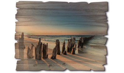 Holzbild »Sonnenuntergang Strand Wellenbrecher«, Landschaftsbilder, (1 St.)