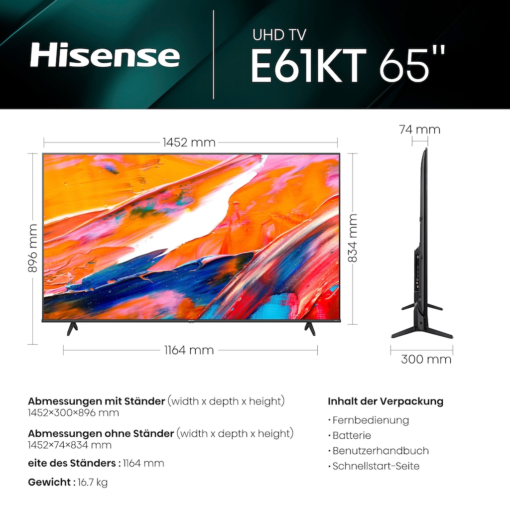 Hisense LED-Fernseher »65E61KT«, 164 cm/65 Zoll, 4K Ultra HD, Smart-TV, Smart-TV, Dolby Vision, Triple Tuner DVB-C/S/S2/T/T2