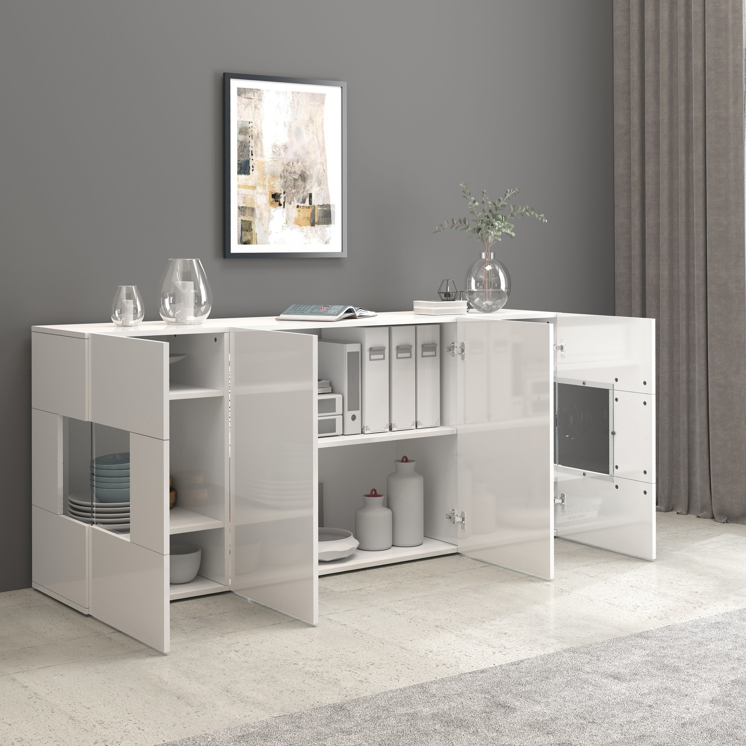 INOSIGN Sideboard »Egypt, Kommode, Schrank, Kredenz, Vitrine grifflos«, 4 Türen davon 2 mit Glaseinsatz, kompl. Hochglanz lackiert, Breite 180