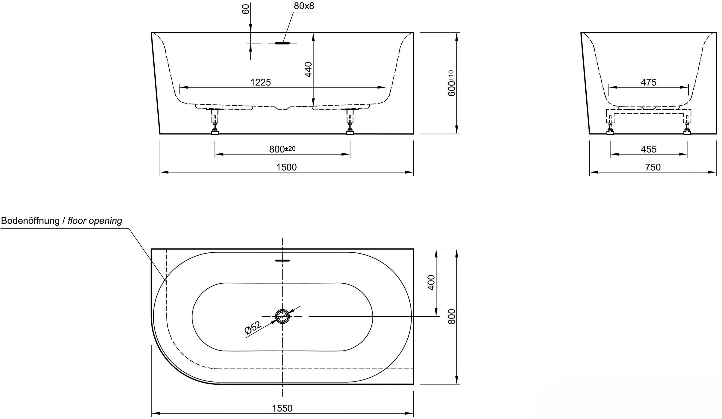 OTTOFOND Badewanne »Mince Corner XS links 155 cm weiß«, (1 tlg.), inkl. Ablaufgarnitur, Schlitzüberlauf, Fußgestell, schmale Wannenkante