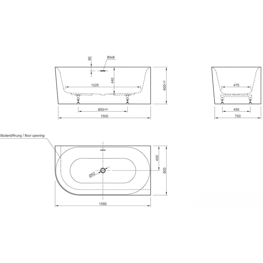 OTTOFOND Badewanne »Mince Corner XS links 155 cm weiß«, (1 tlg.)