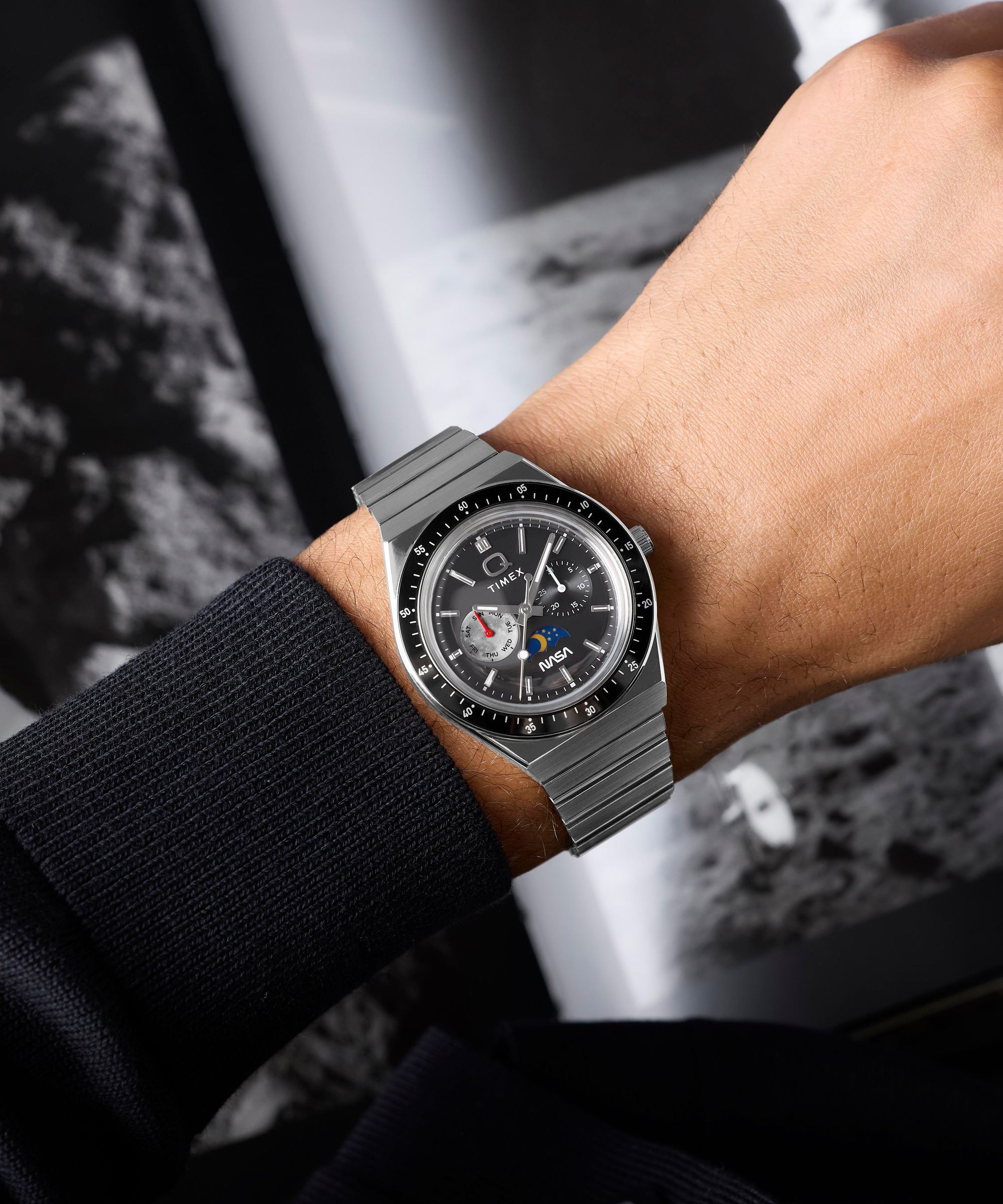 Timex Quarzuhr »Q Timex Vintage Inspired NASA« Armbanduhr, Herrenuhr, Edelstahlarmband, analog, Wochentag, Tag