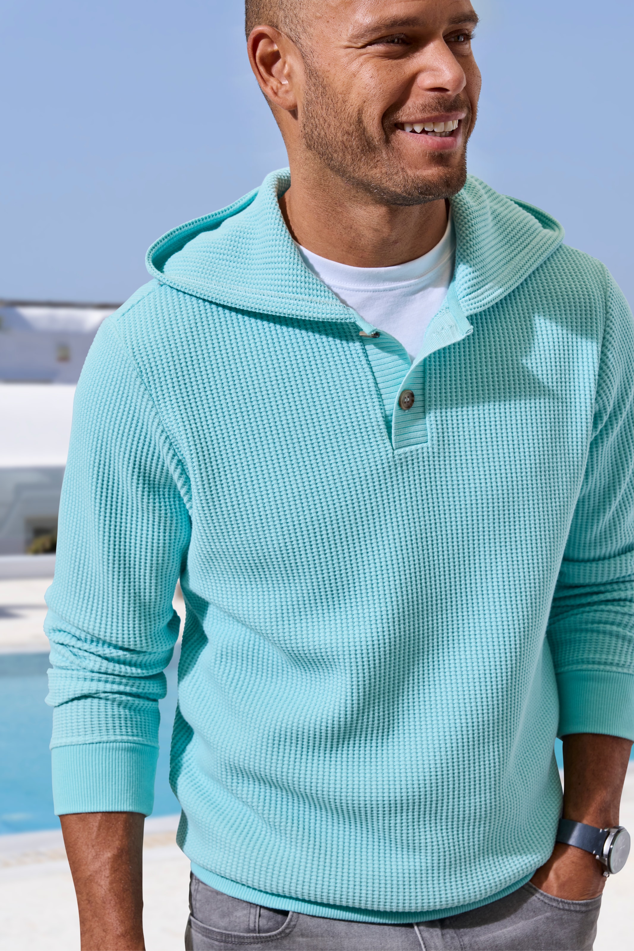 John Devin Hoodie ", Strickhoodie - Kapuzenpulli aus Waffelstrick", Sommerhoodie mit Knopfleiste